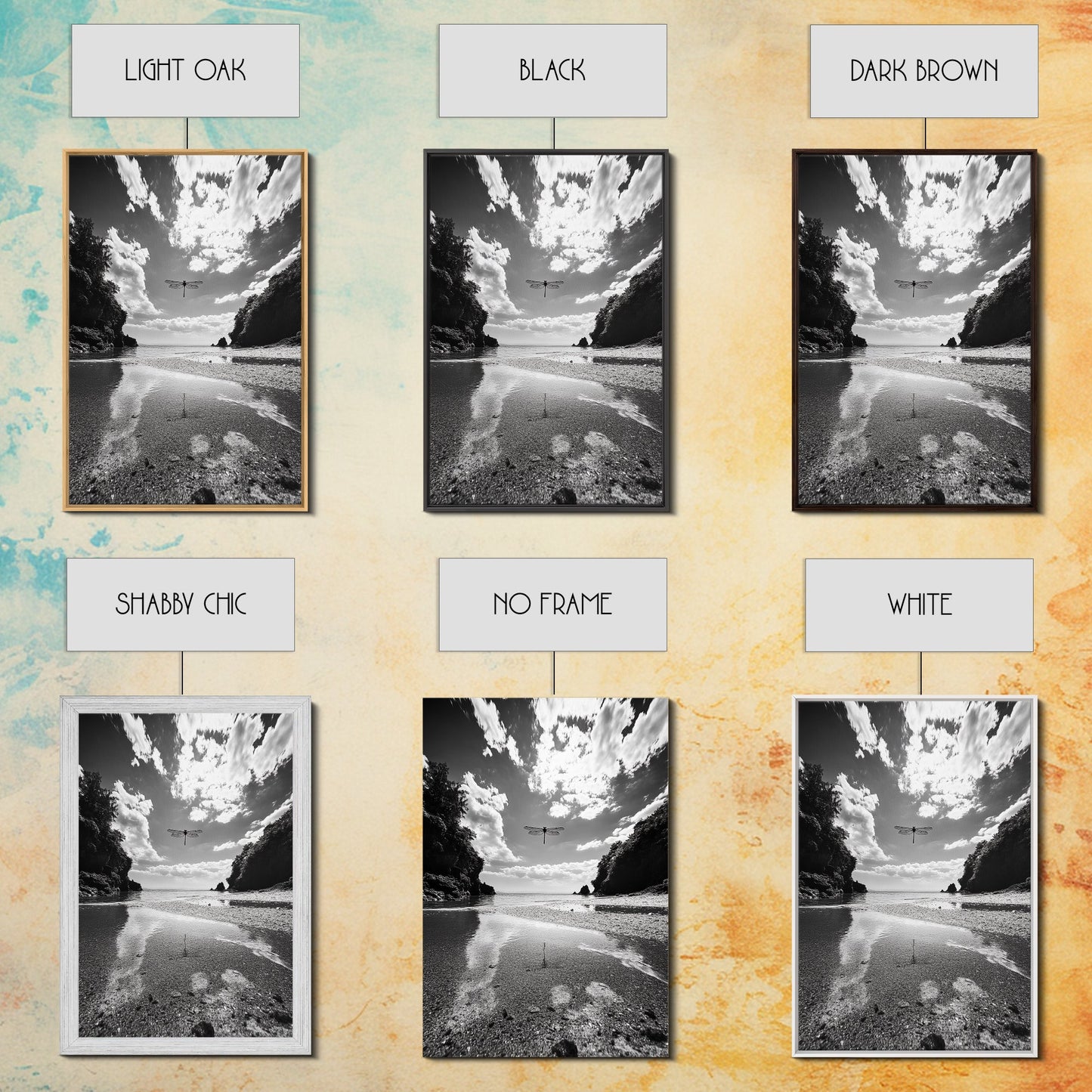 Dragonfly Flight, Beach View, Nature Dream, Framed Canvas Print, Whimsical Wall Art, Surreal Living Room Decor, Black and White Nature Style