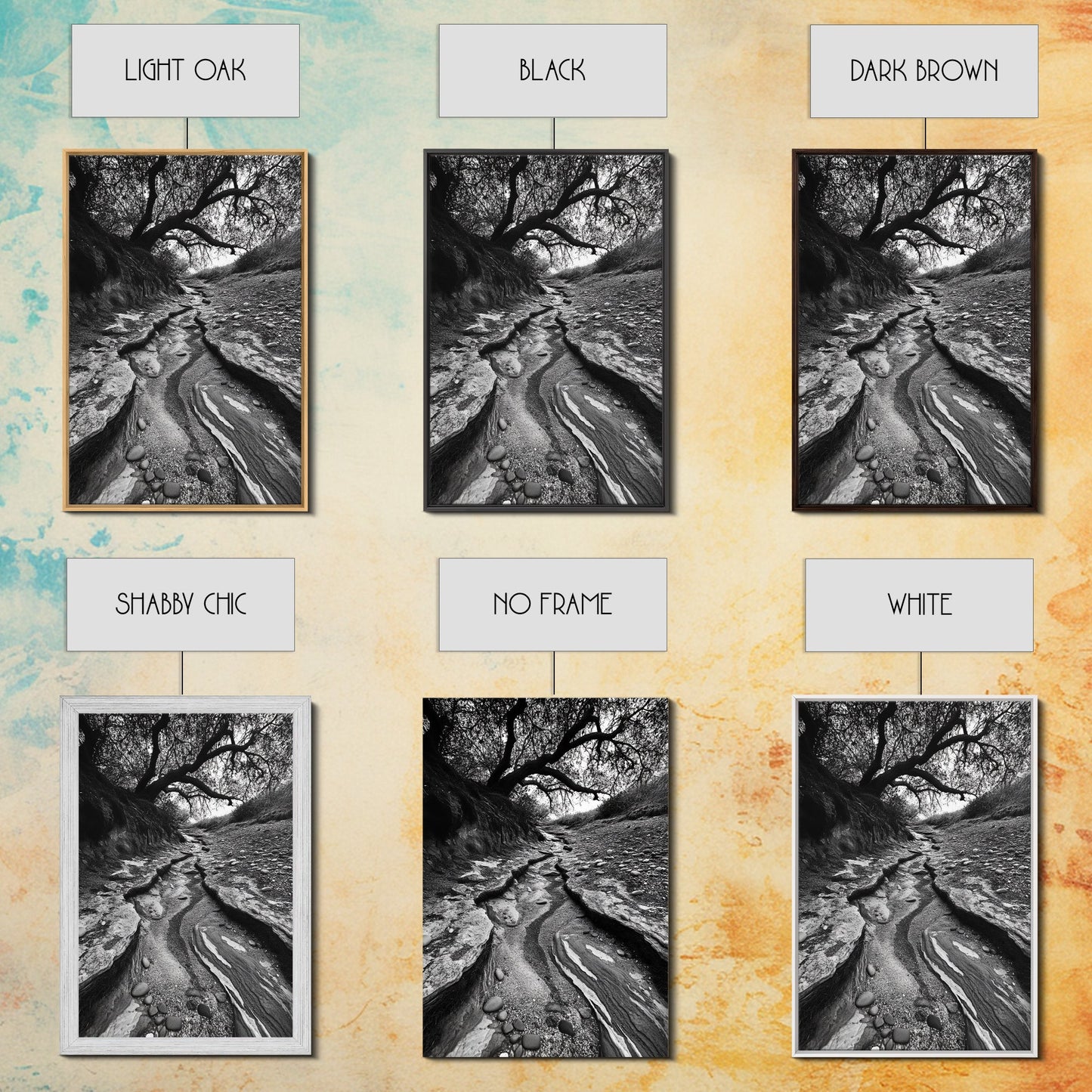 Dry Creek, Twisted Tree, Rocky Path, Framed Canvas Print, Moody Autumn Wall Art, Earthy Entryway Decor, Nature Texture Photography