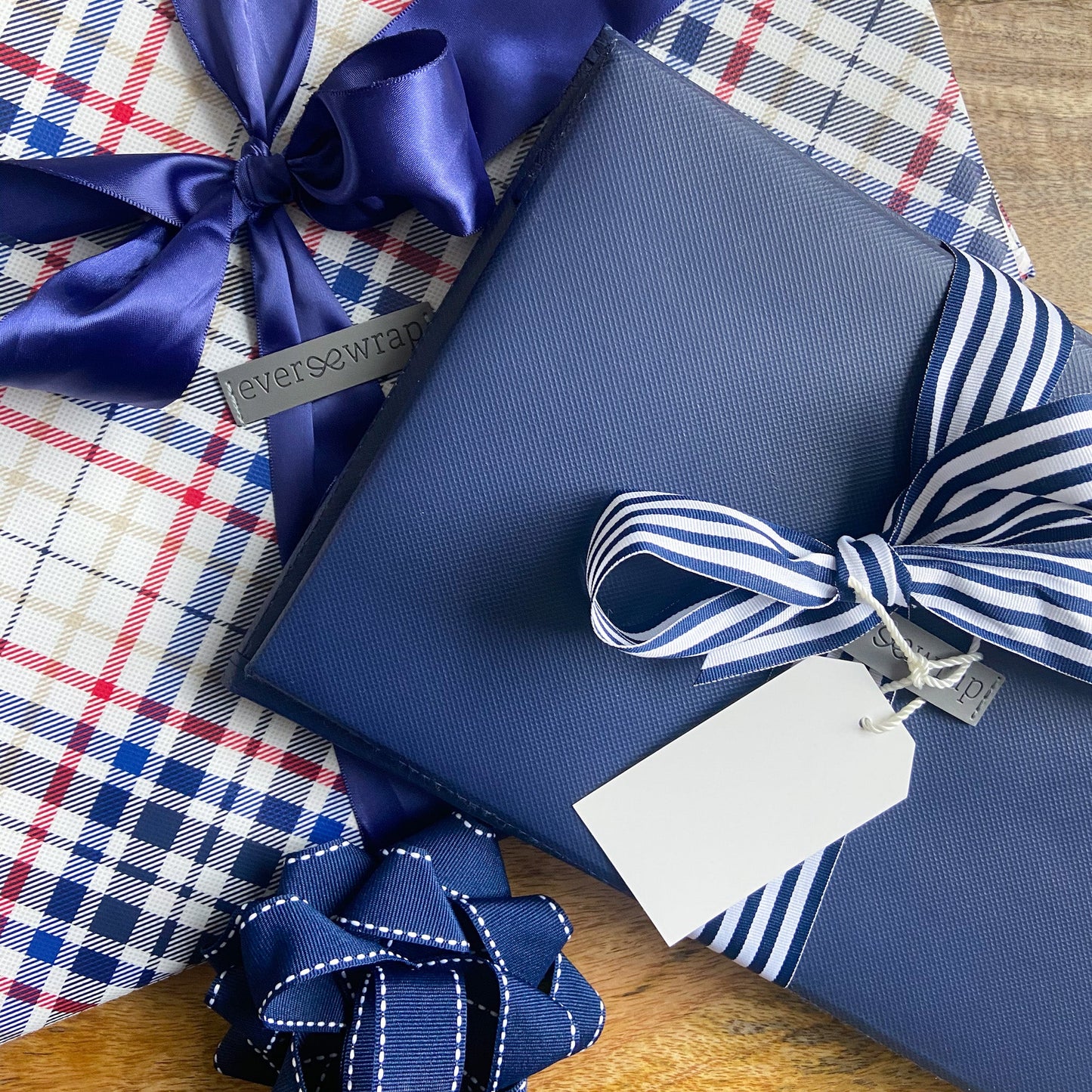 EverBox: Large Blue Plaid Collapsible Gift Box with Blue Satin Ribbon