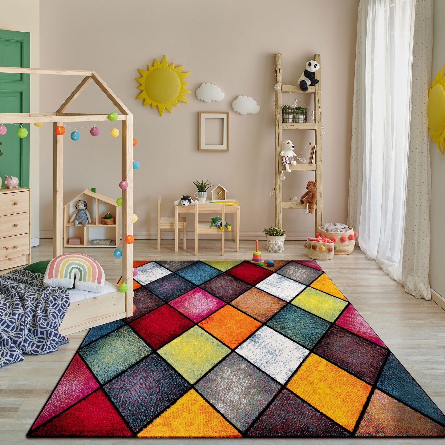 Colorful Area Rug Smaragd Checkered With Multicolor Diamonds