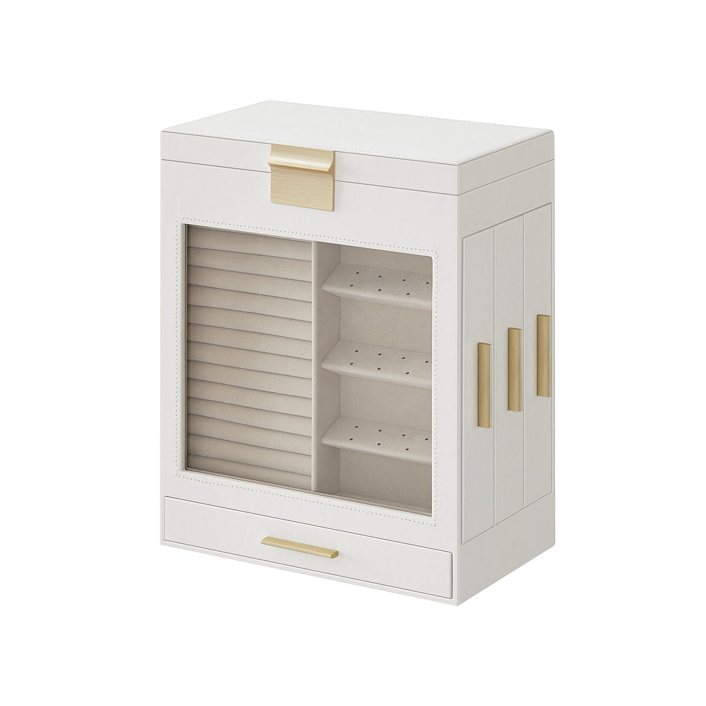 Jewelry Box with Glass Window, 5-Layer Jewelry Organizer with 3 Side Drawers, Jewelry Storage, with Vertical Storage Space, Big Mirror, Modern Style, Cloud White