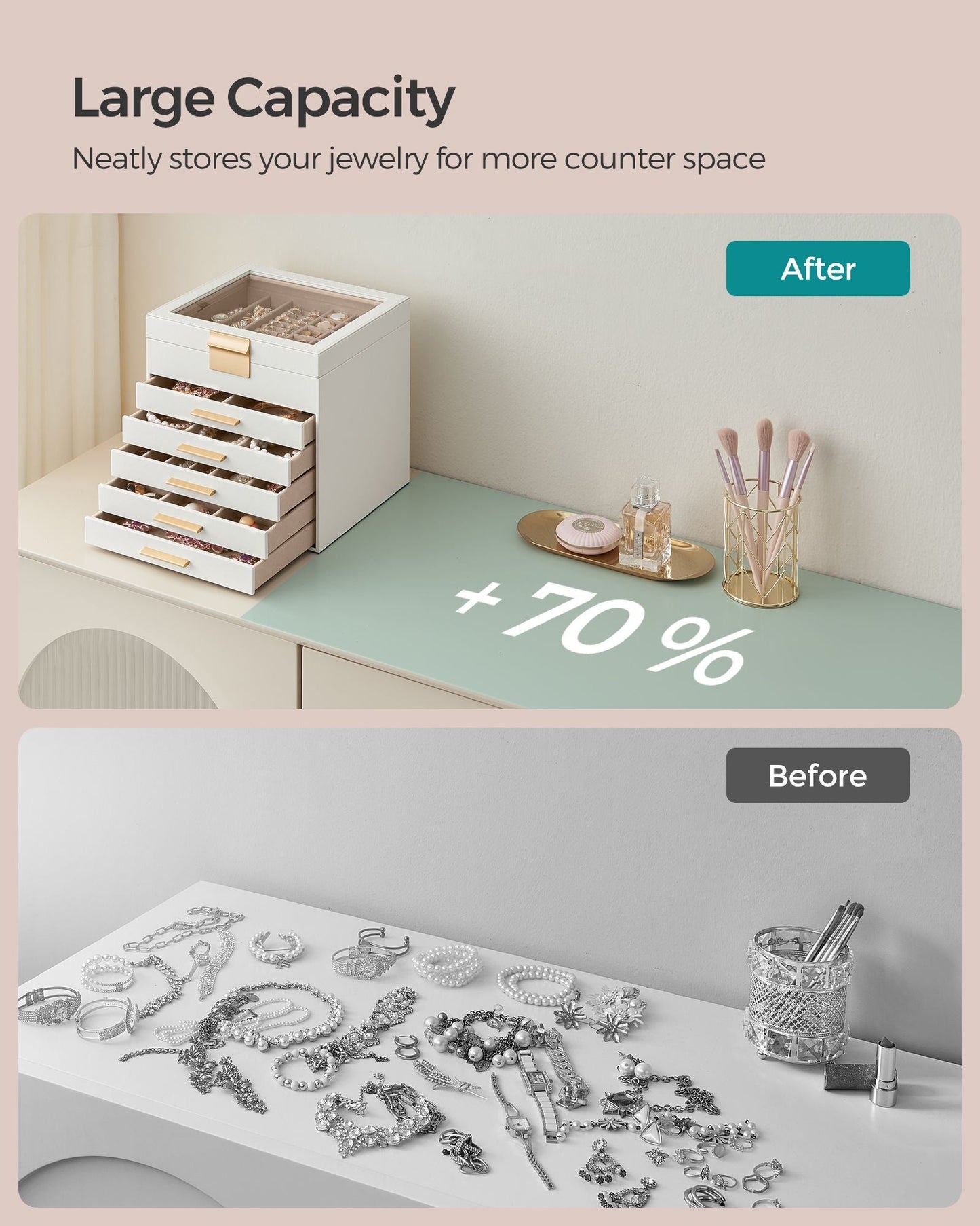 6-Layer Jewelry Box with Glass Lid, 5 Drawers