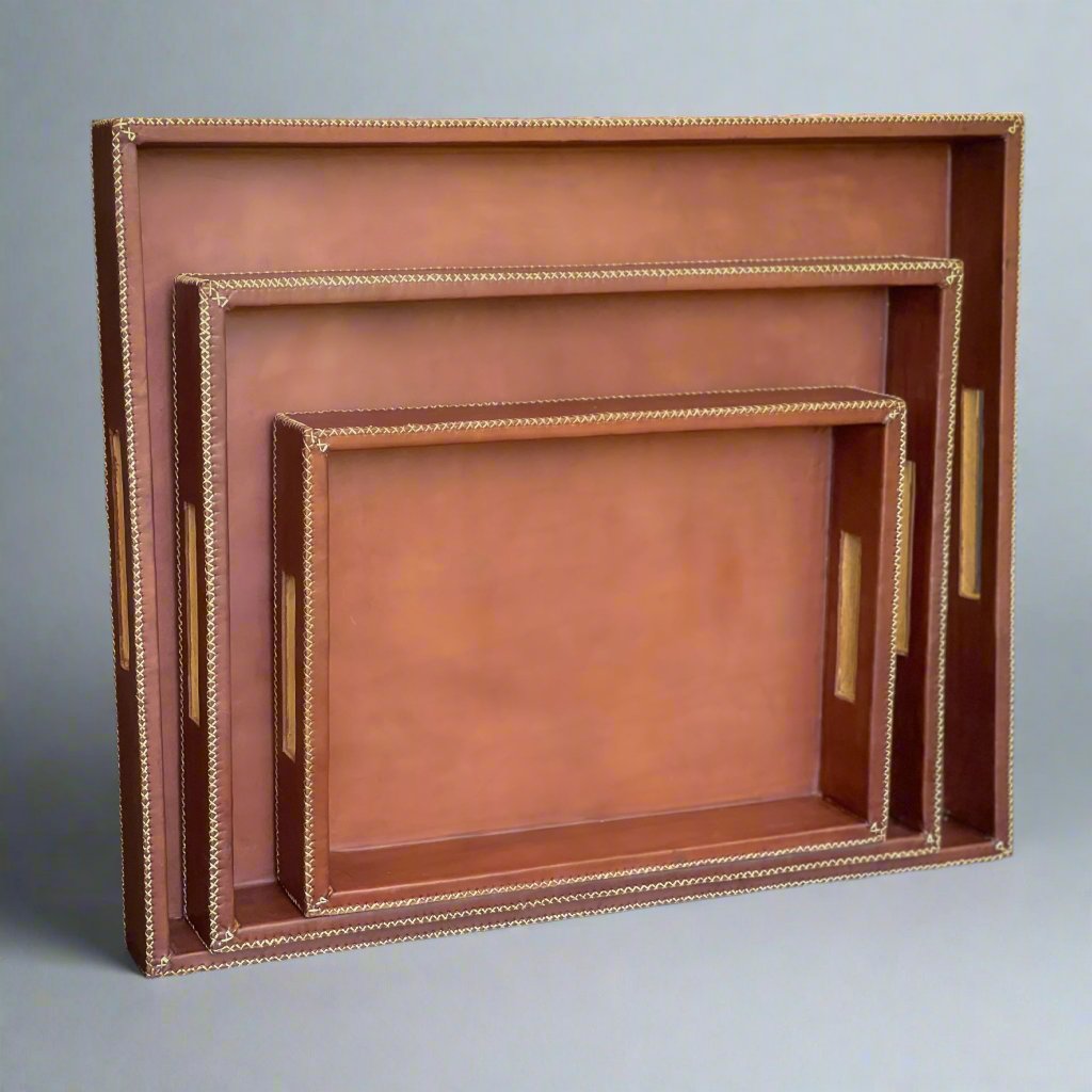 Chica | 15" Cedar Wood + Leather Ottoman Tray