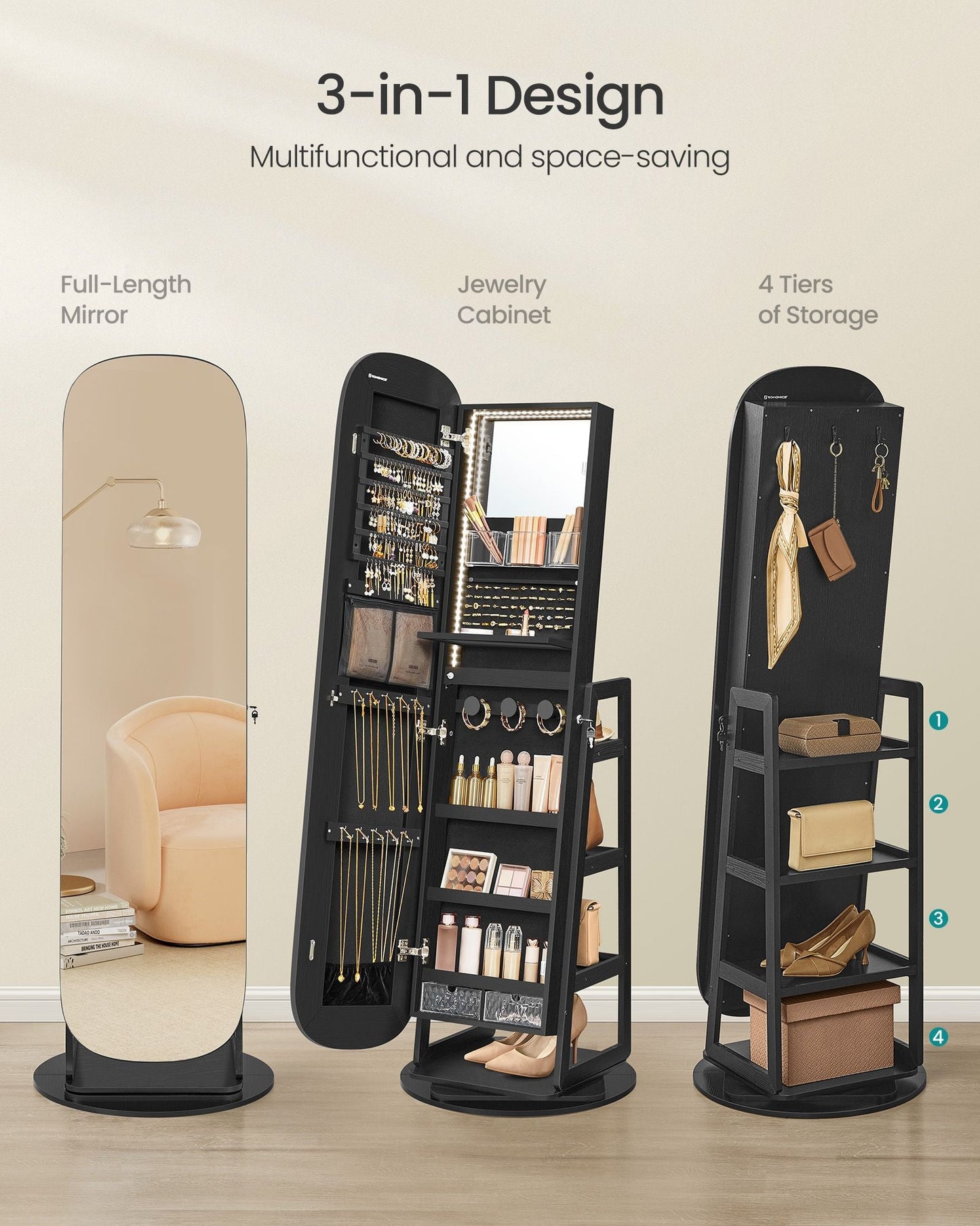 Rounded Wide Full-Length Mirror with Storage Shelves