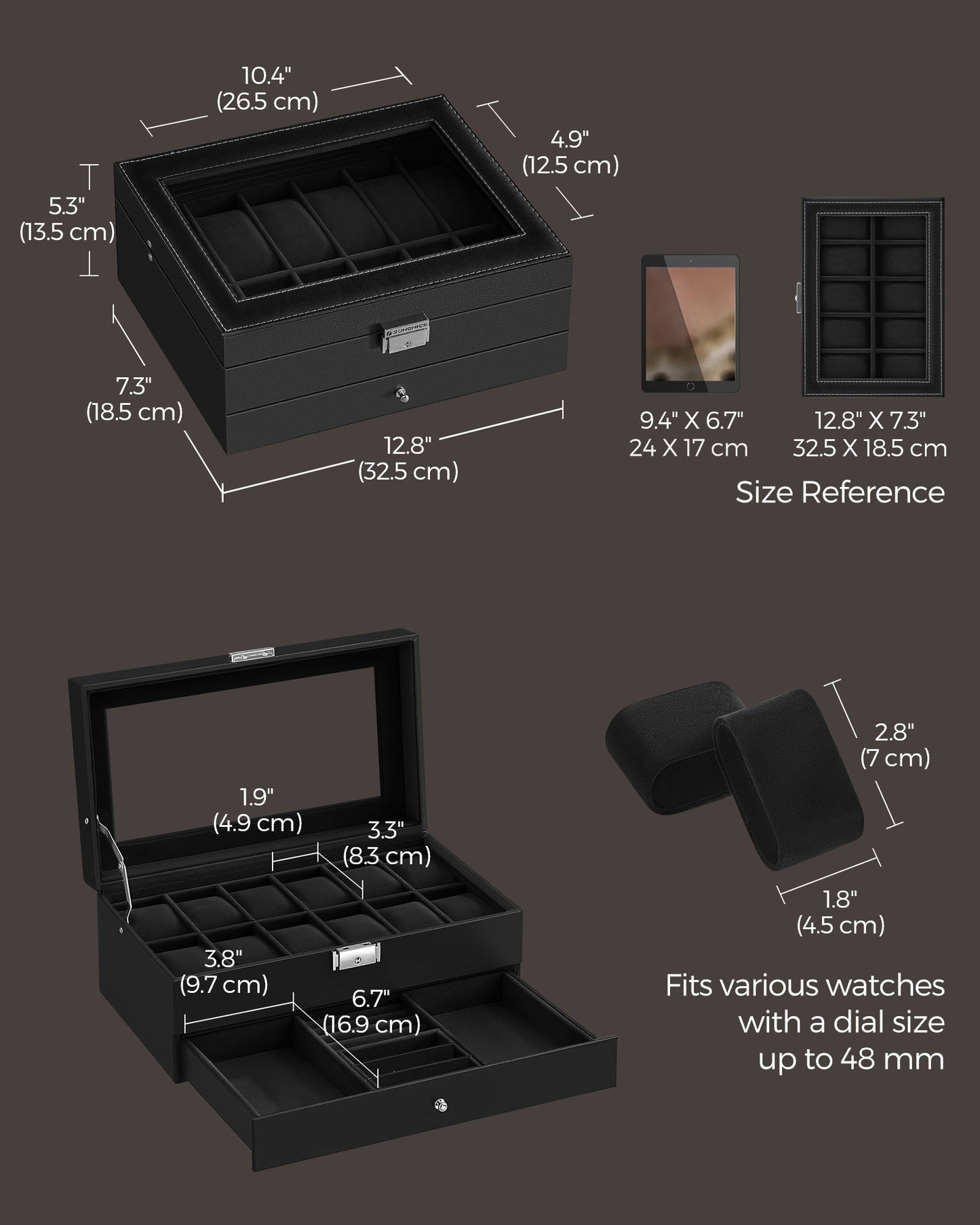 12-Slot Watch Case with Glass Lid