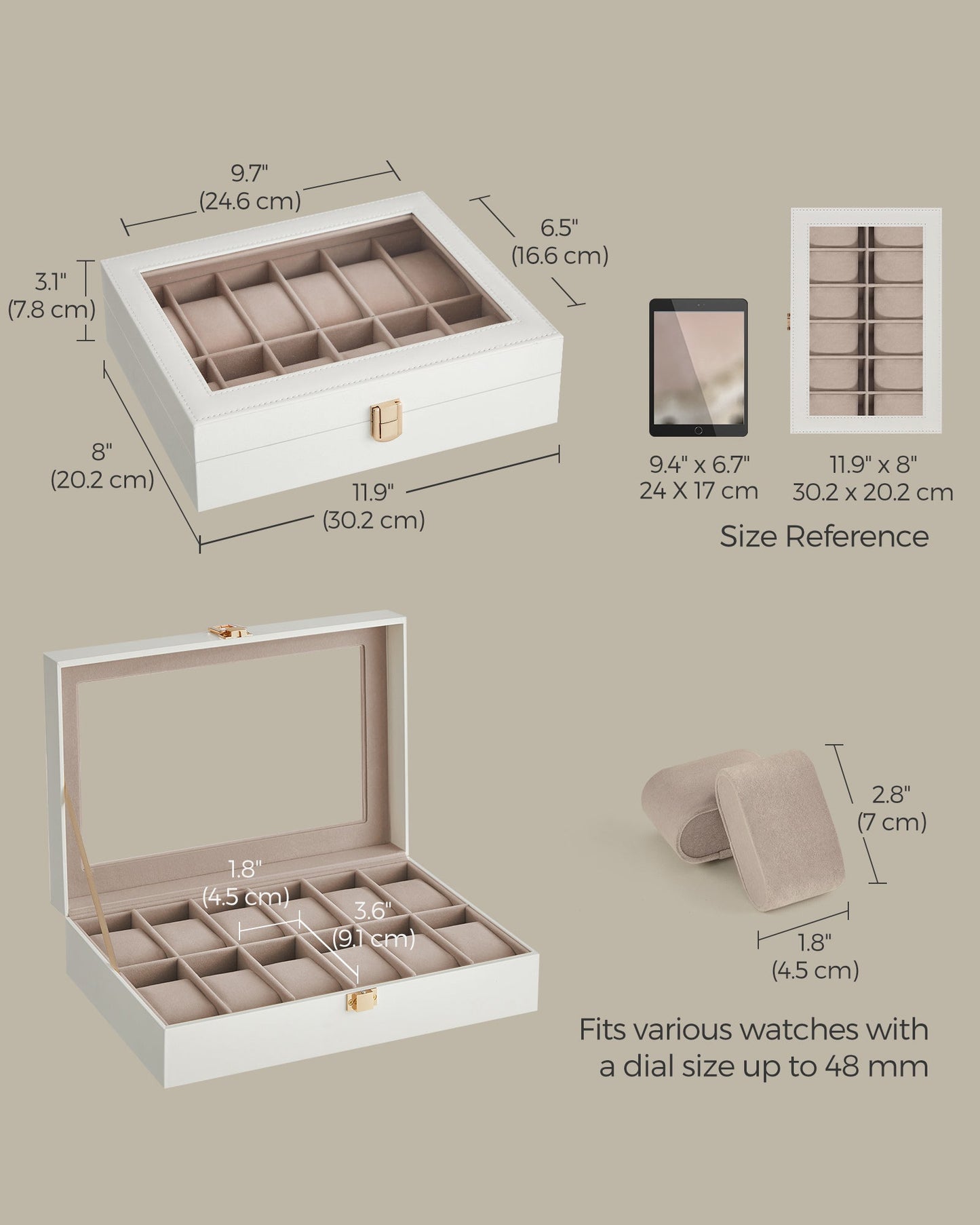 12-Slot Watch Case with Large Glass Lid