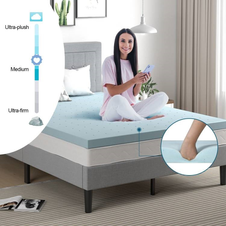 Woman sitting on a bed with mattress topper, showing different firmness levels.