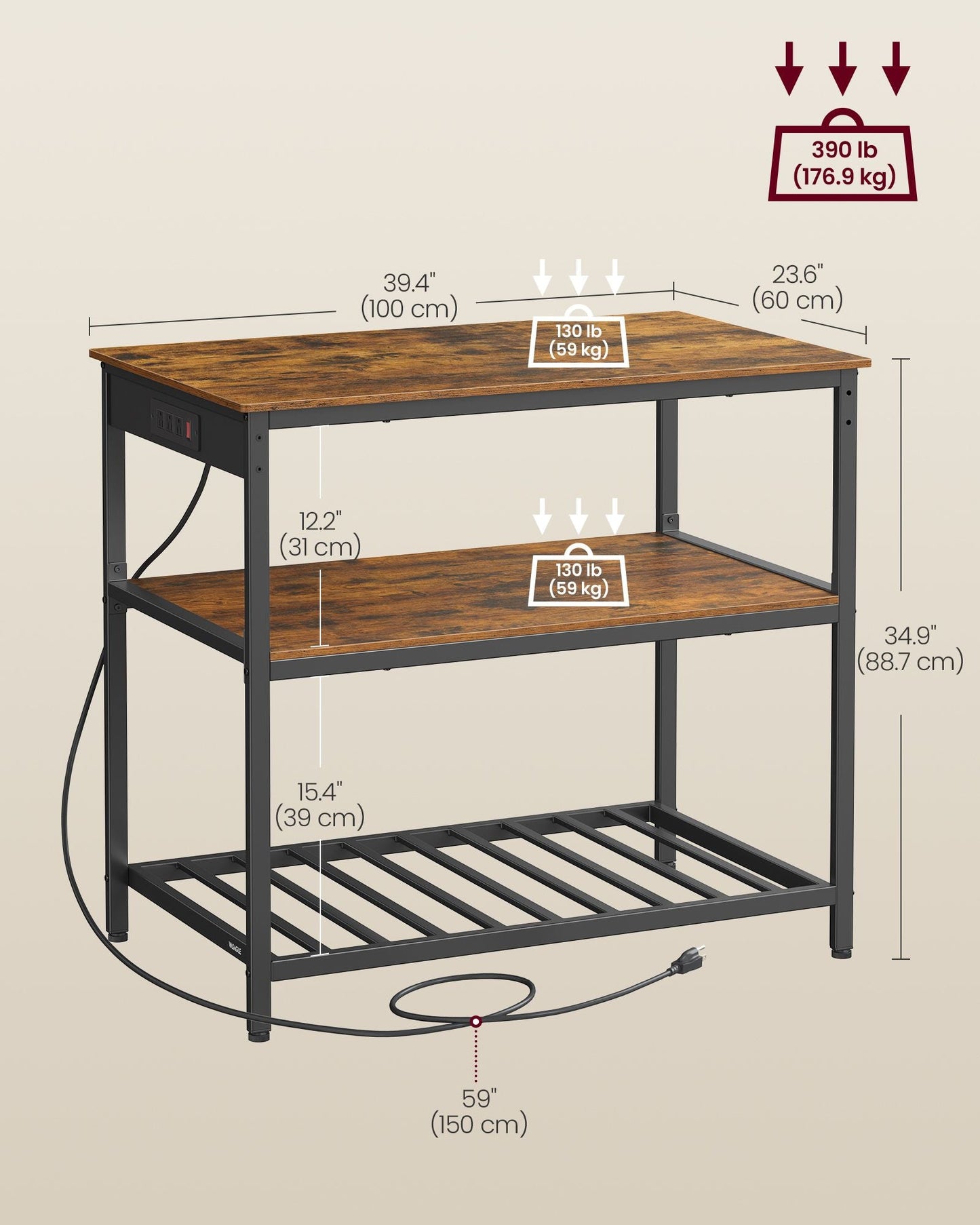 Kitchen Island with 3 Shelves