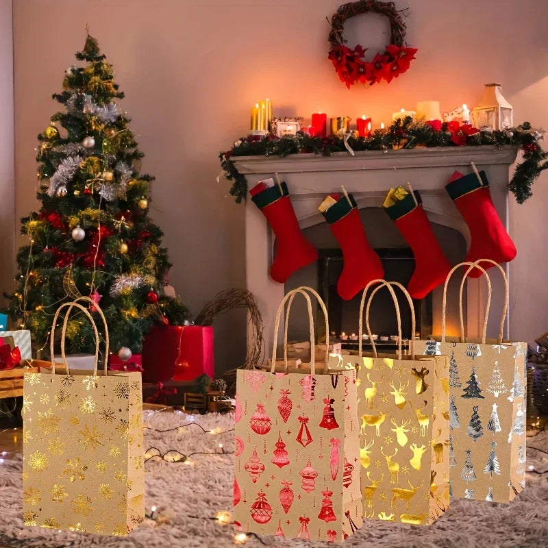 Kraft Paper Gift Bags with Cartoon Christmas Tree Reindeer Snowflake Pattern