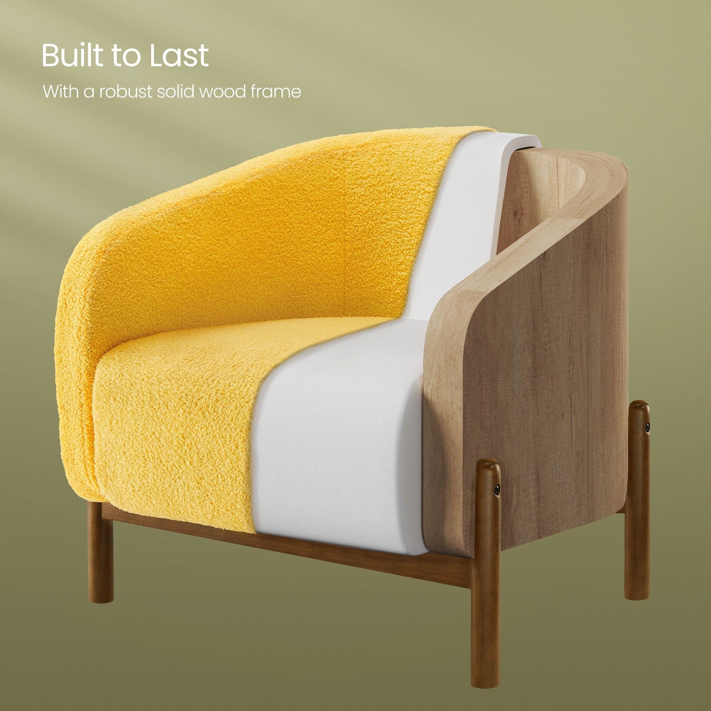 Accent Barrel Chair, Fleece Armchair with Solid Wood Legs