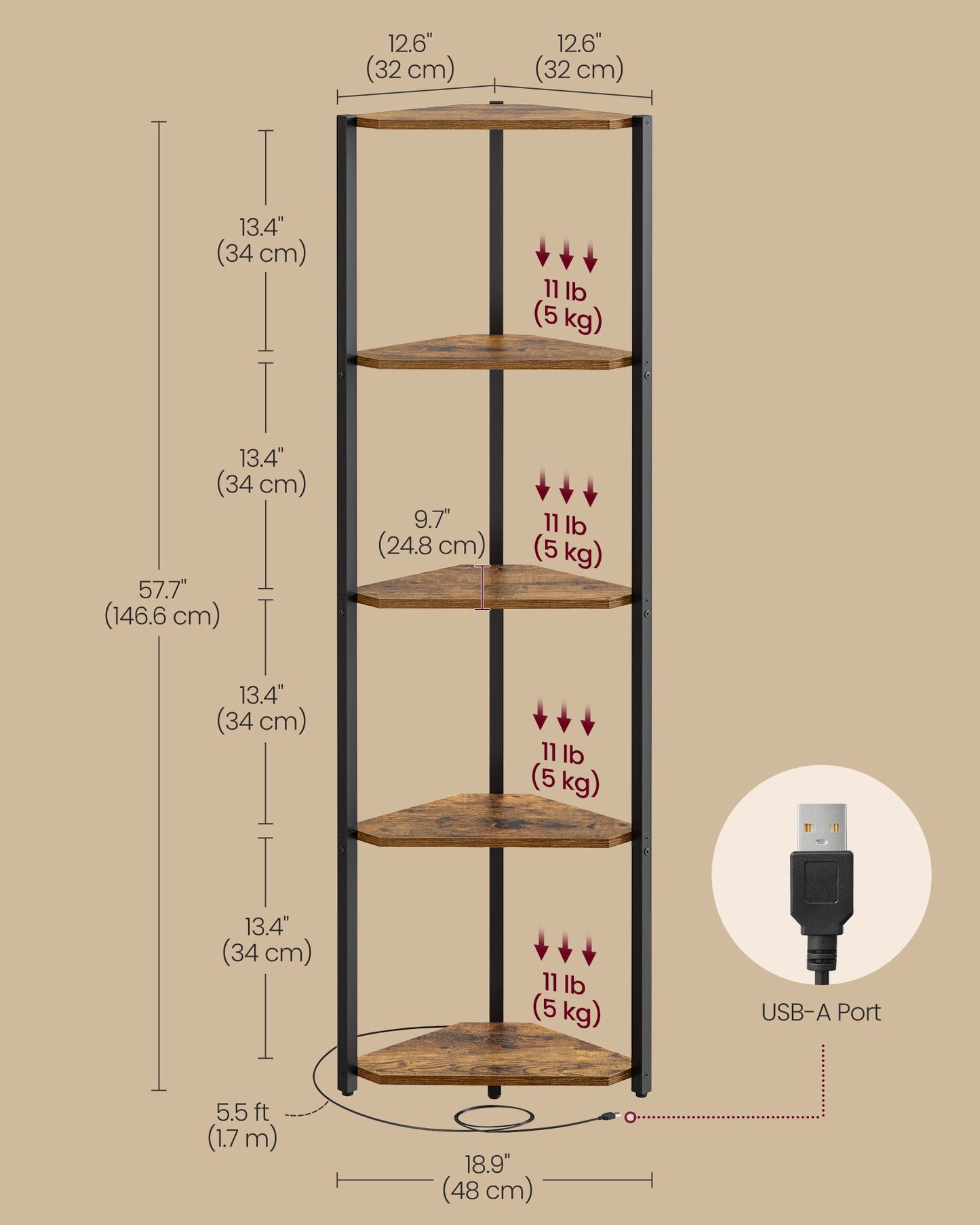 5-Tier Corner Bookshel with LED Lights