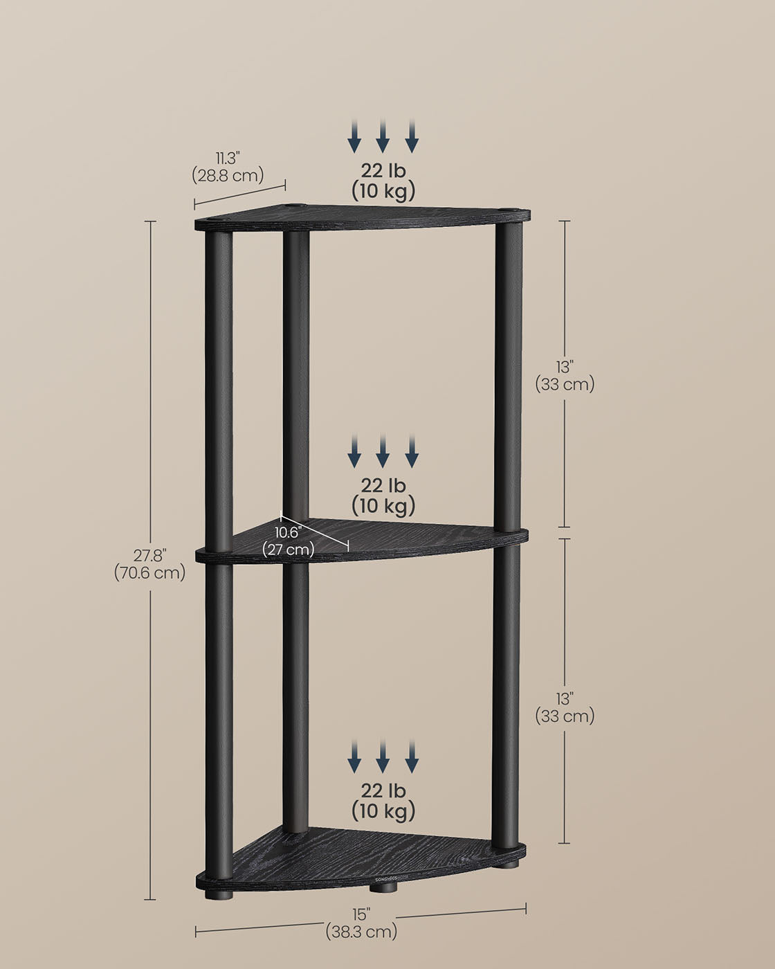 Superfast Toolless Assembly Corner Shelf Stand 3-Tier Ink Black
