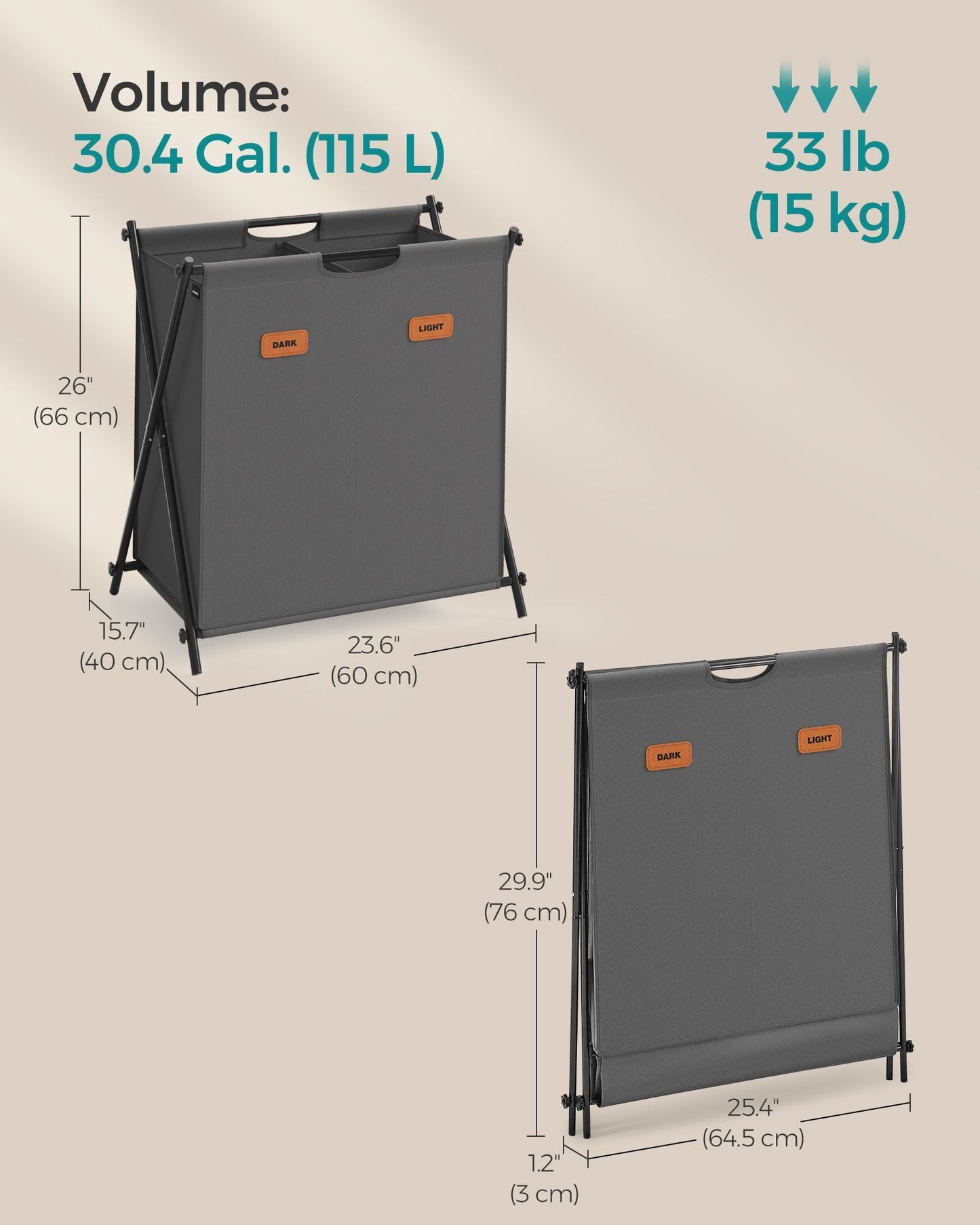 Laundry Hamper 2 Sections with Collapsible X-Frame, 30.4 Gal.