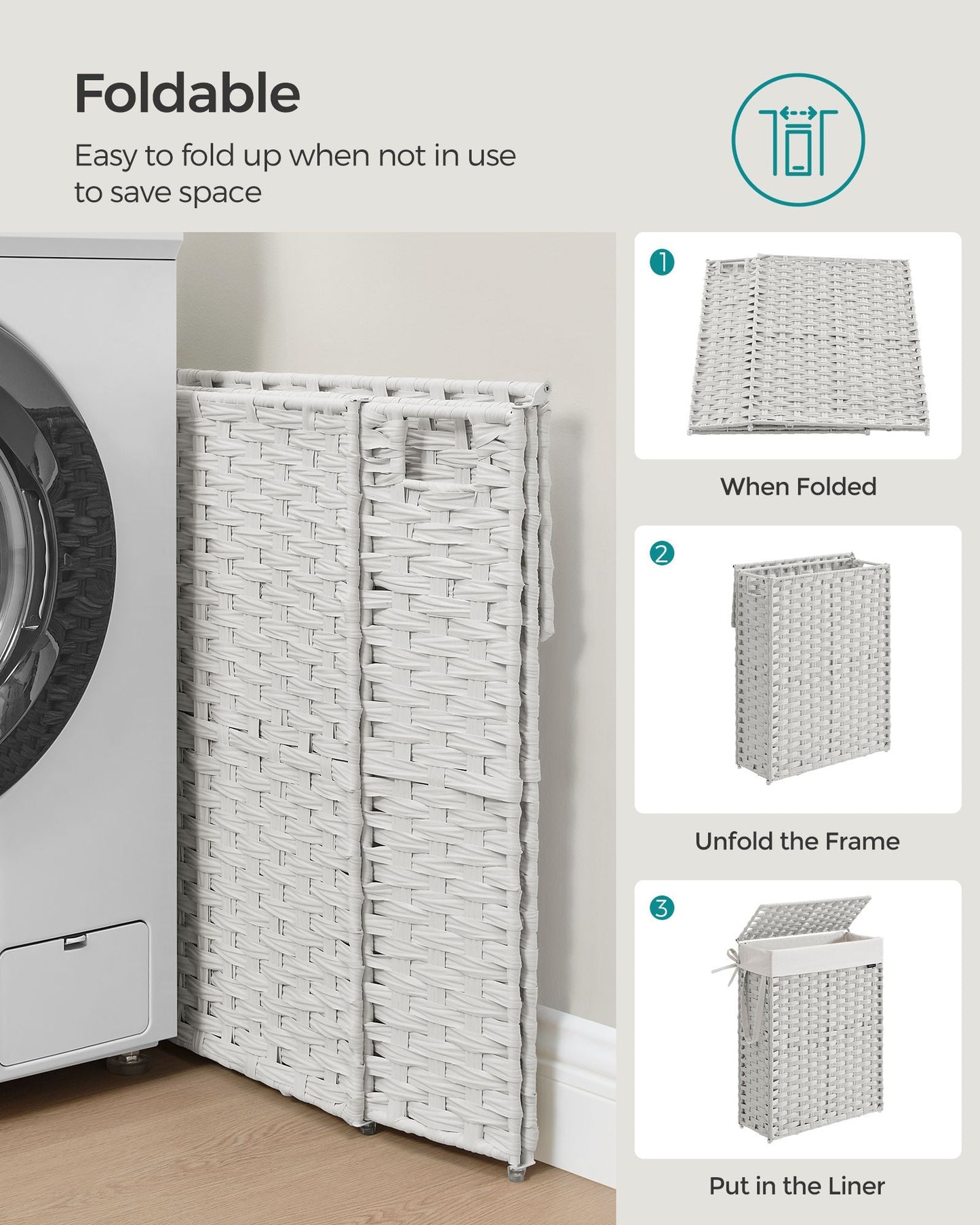 Slim Rattan Laundry Hamper with Lid and Handles, 14.5 Gallon (55L)
