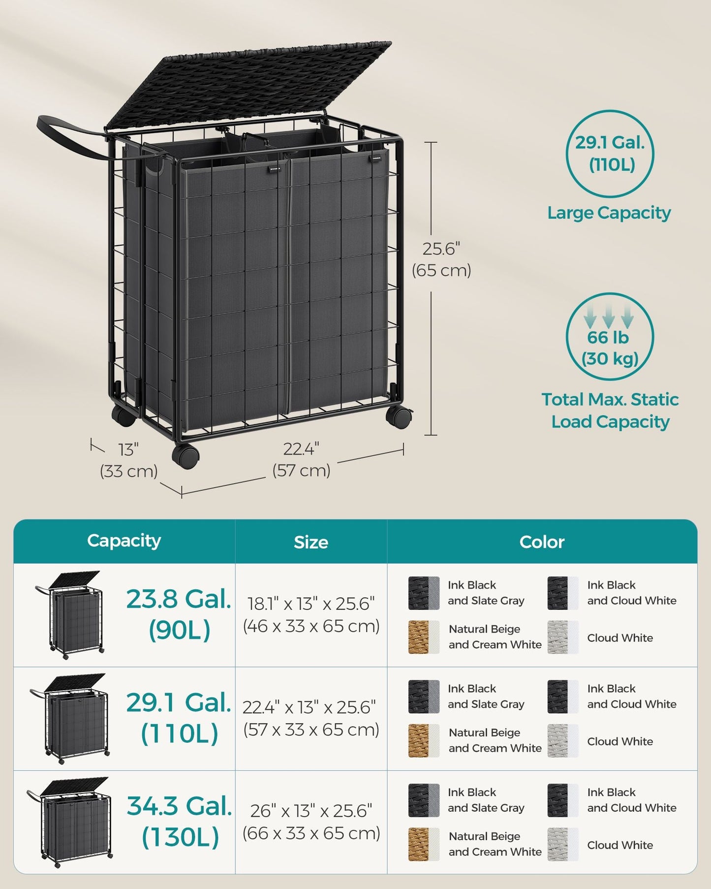 29.1-Gallon Laundry Hamper with Wheels