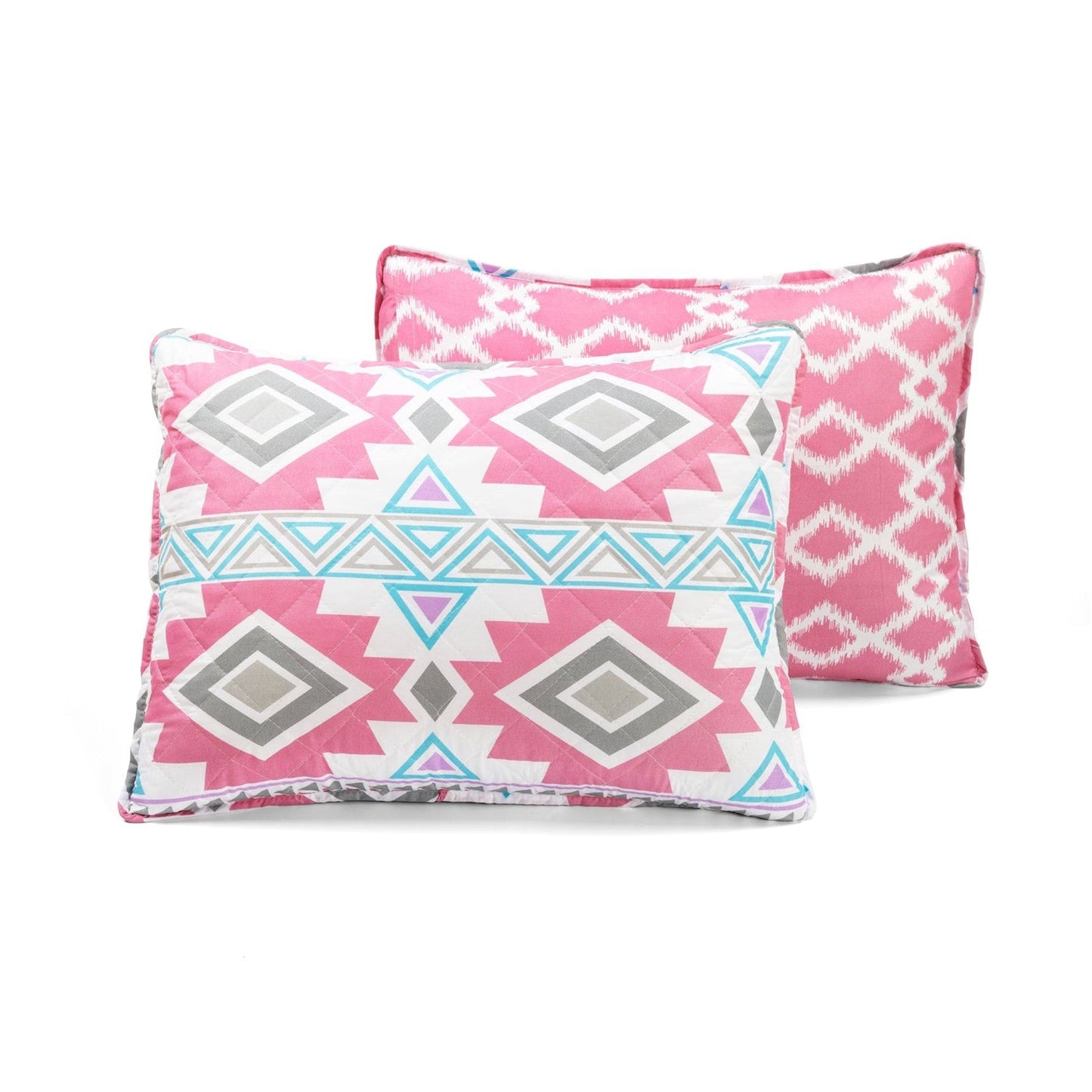 Twin Southwest Style Polyester Pink Blue Striped Reversible Quilt Set featuring vibrant pink and blue geometric patterns.
