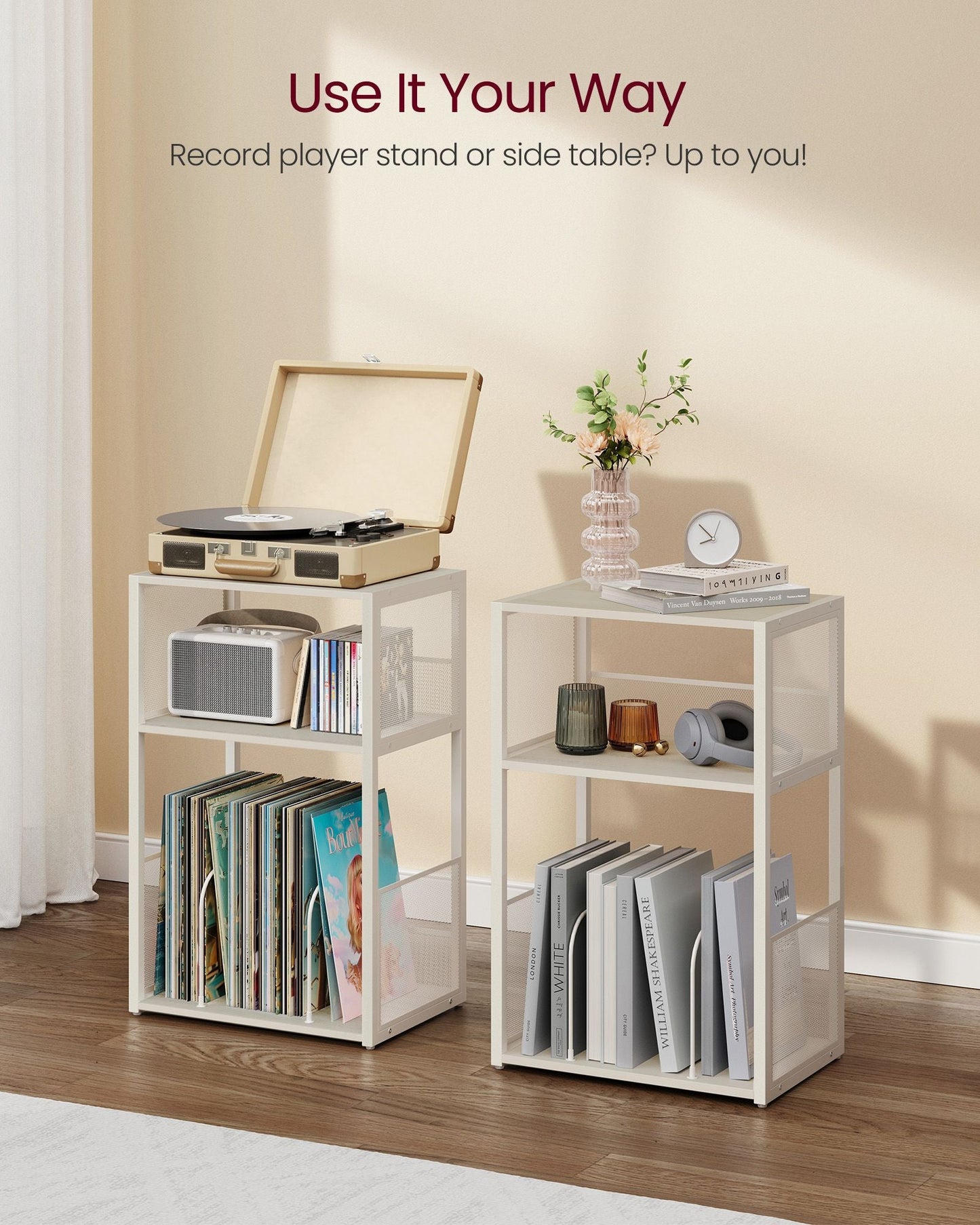3-Tier Side Table, Vinyl Record Storage up to 100 Albums
