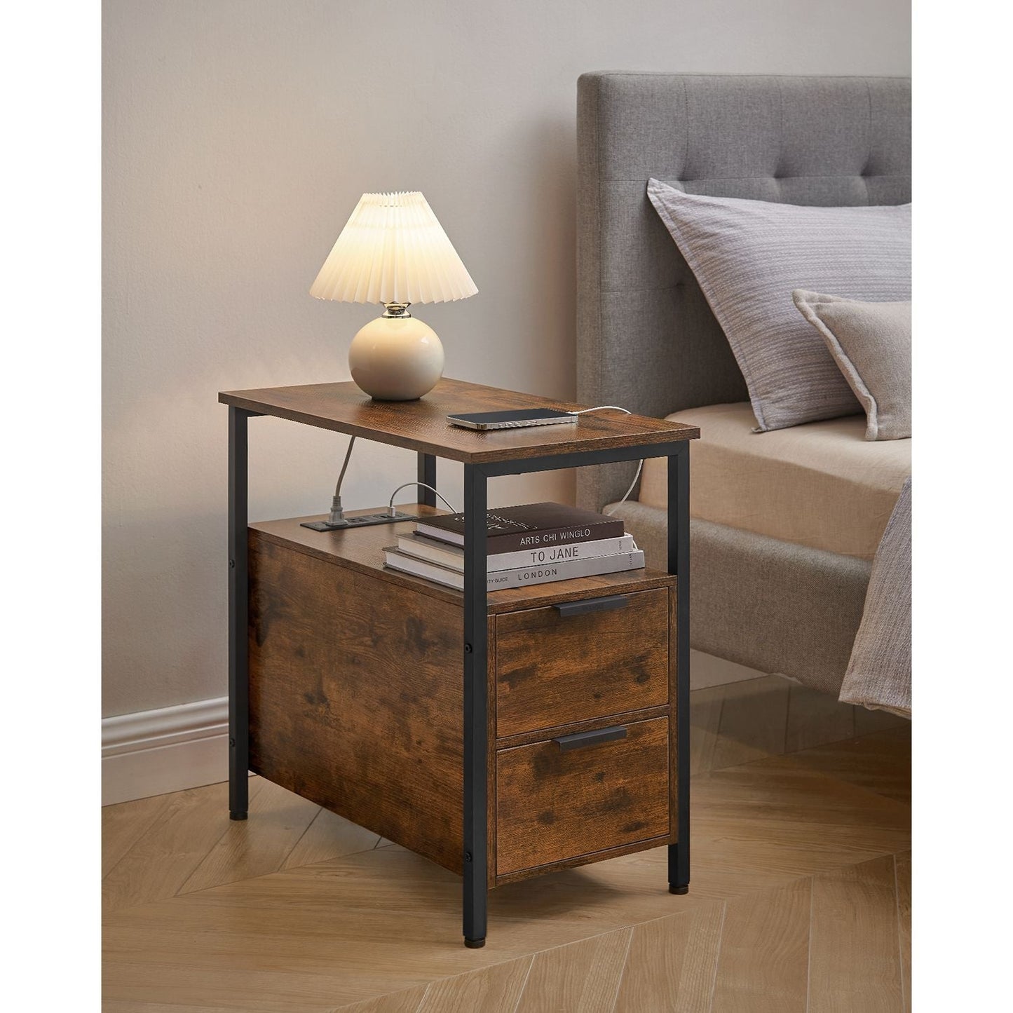 Narrow End Table with Charging Station and 2 Drawers