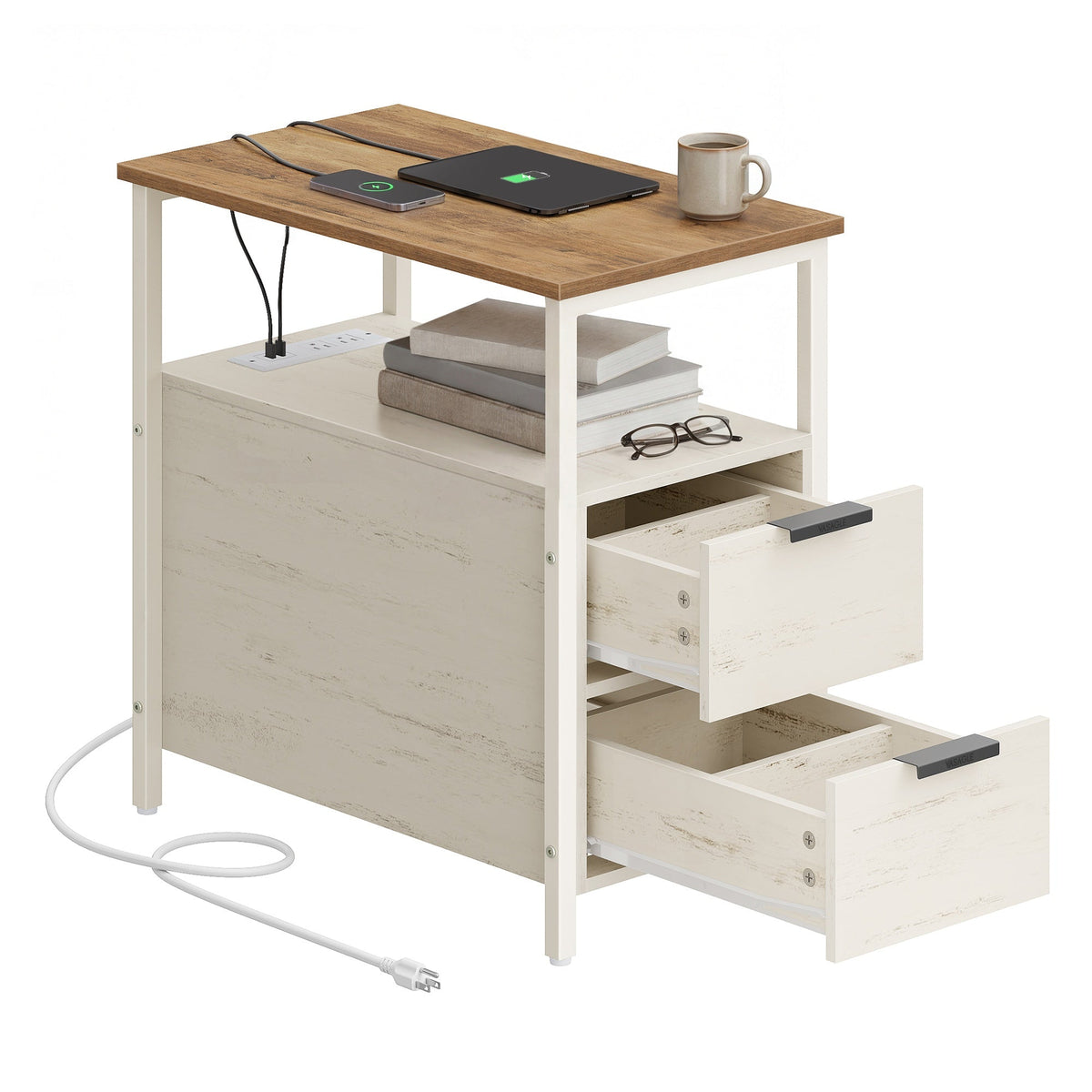Narrow End Table with Charging Station and 2 Drawers