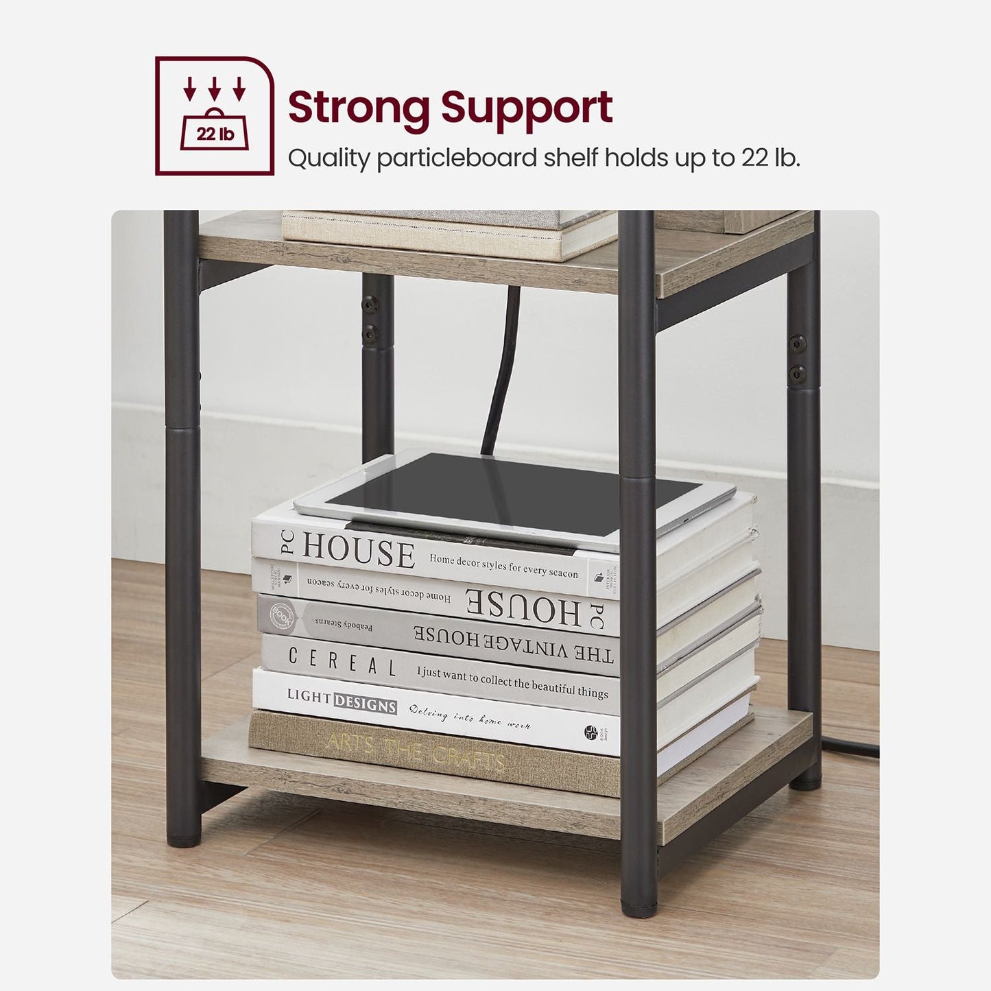 Side Table with Charging Station, 3-Tier End Table with USB Ports and Outlets, Nightstand for Living Room, Bedroom, 11.8 x 13.4 x 22.8 Inches, Plug-in Series, Greige and Black
