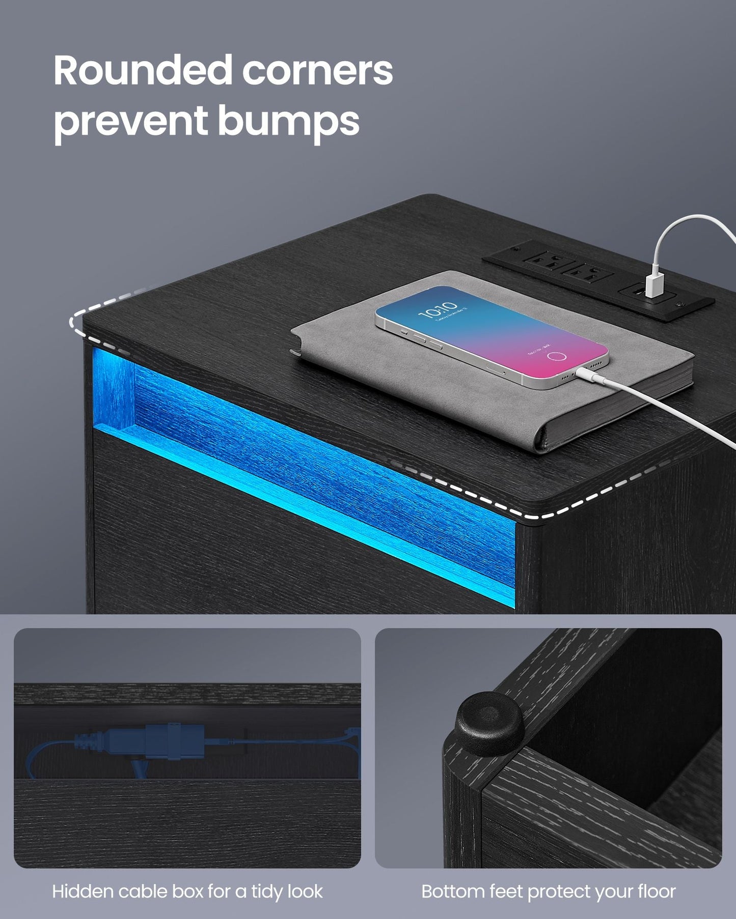 Nightstand with Charging Station and Adjustable LED Lights