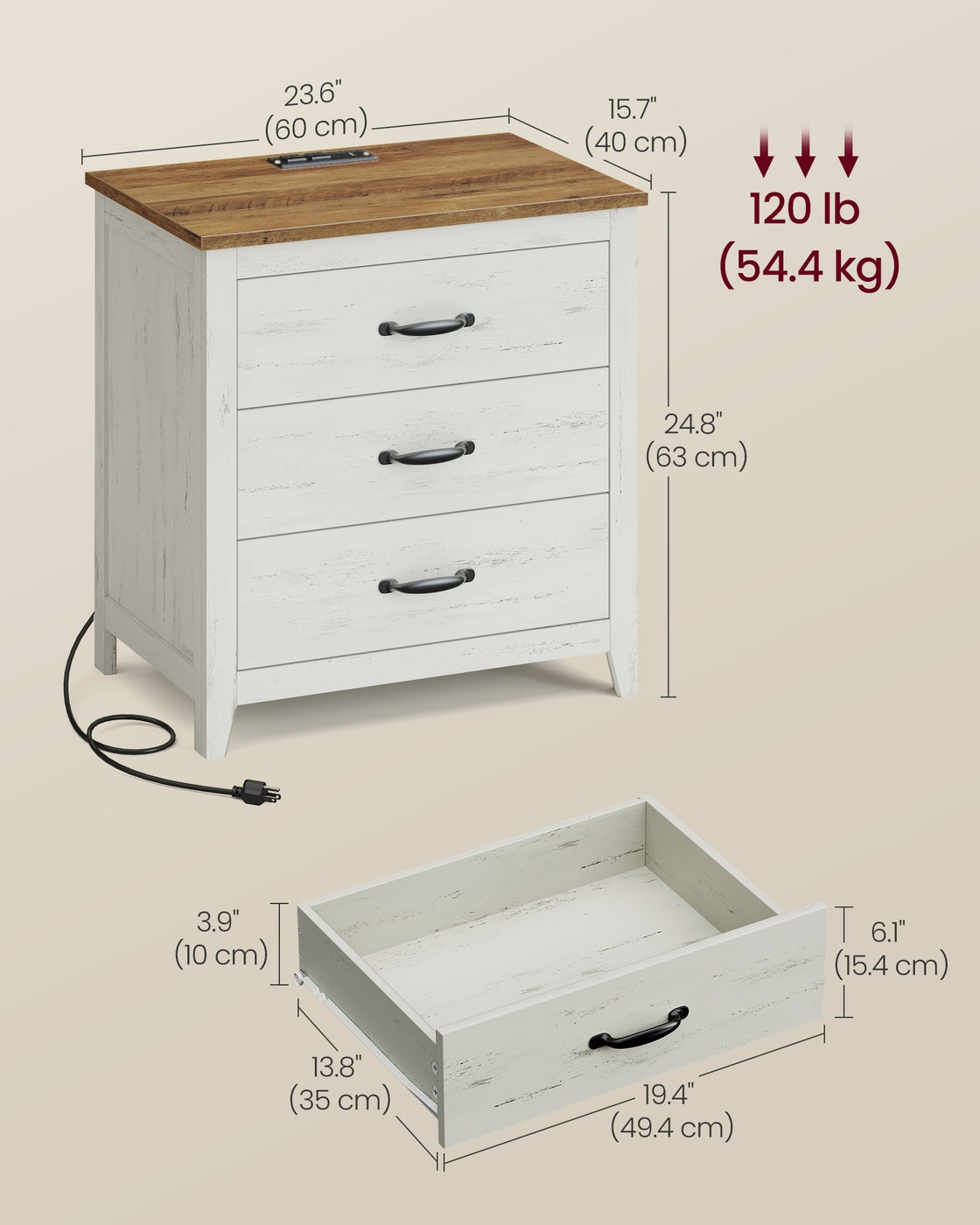 LIRY Collection - Farmhouse Nightstand with Charging Station