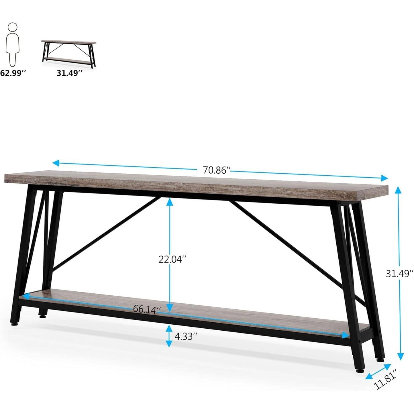 Heavy Duty 70-inch Industrial Grey Wood Top Sofa Table with Black Metal Frame
