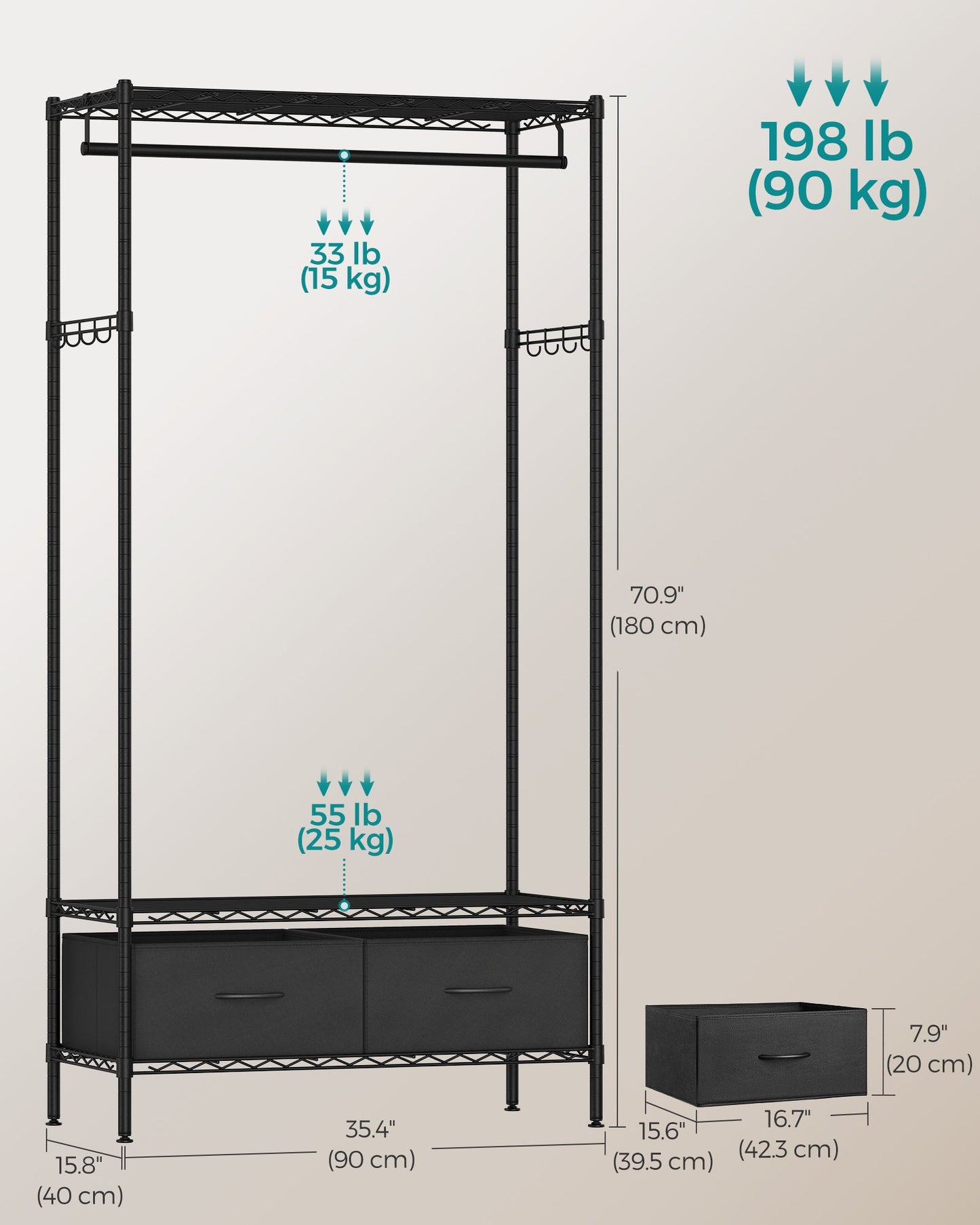 Clothes Rack with Mesh Shelf and 2 Fabric Drawers
