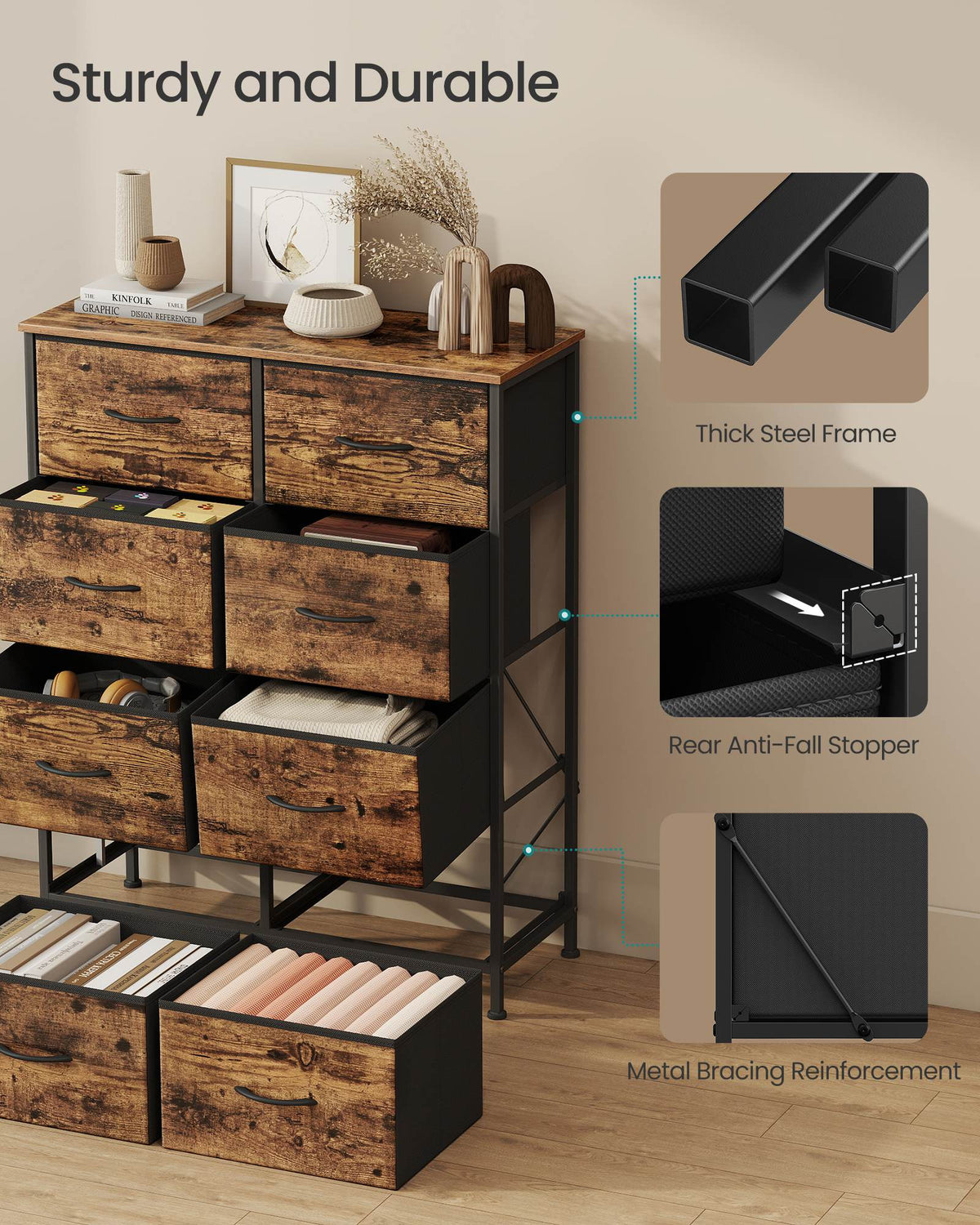 8-Drawer Fabric Dresser, Sturdy Storage Organizer for Bedroom, Rustic Brown & Black