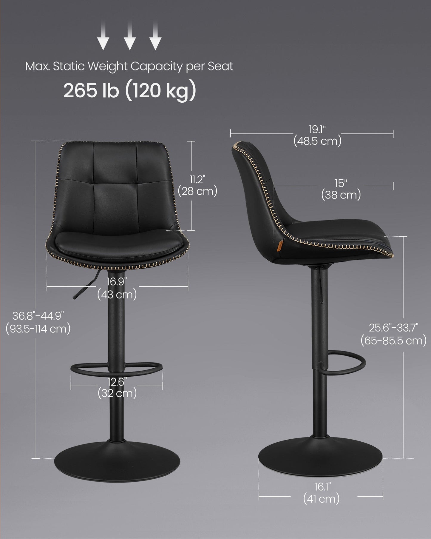 Bar Stools, Set of 4 Swivel Bar Chairs, Adjustable Height, Ink Black