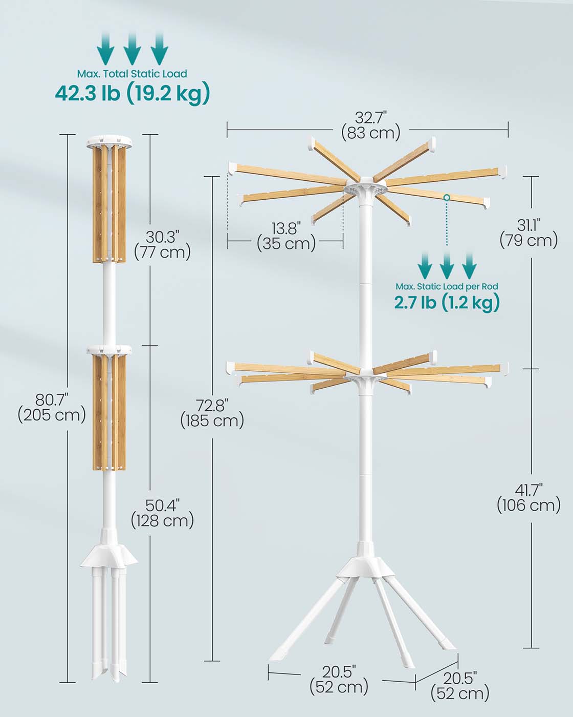 Clothes Drying Rack 2-Tier, with Bamboo Hanging Rods, White and Natural
