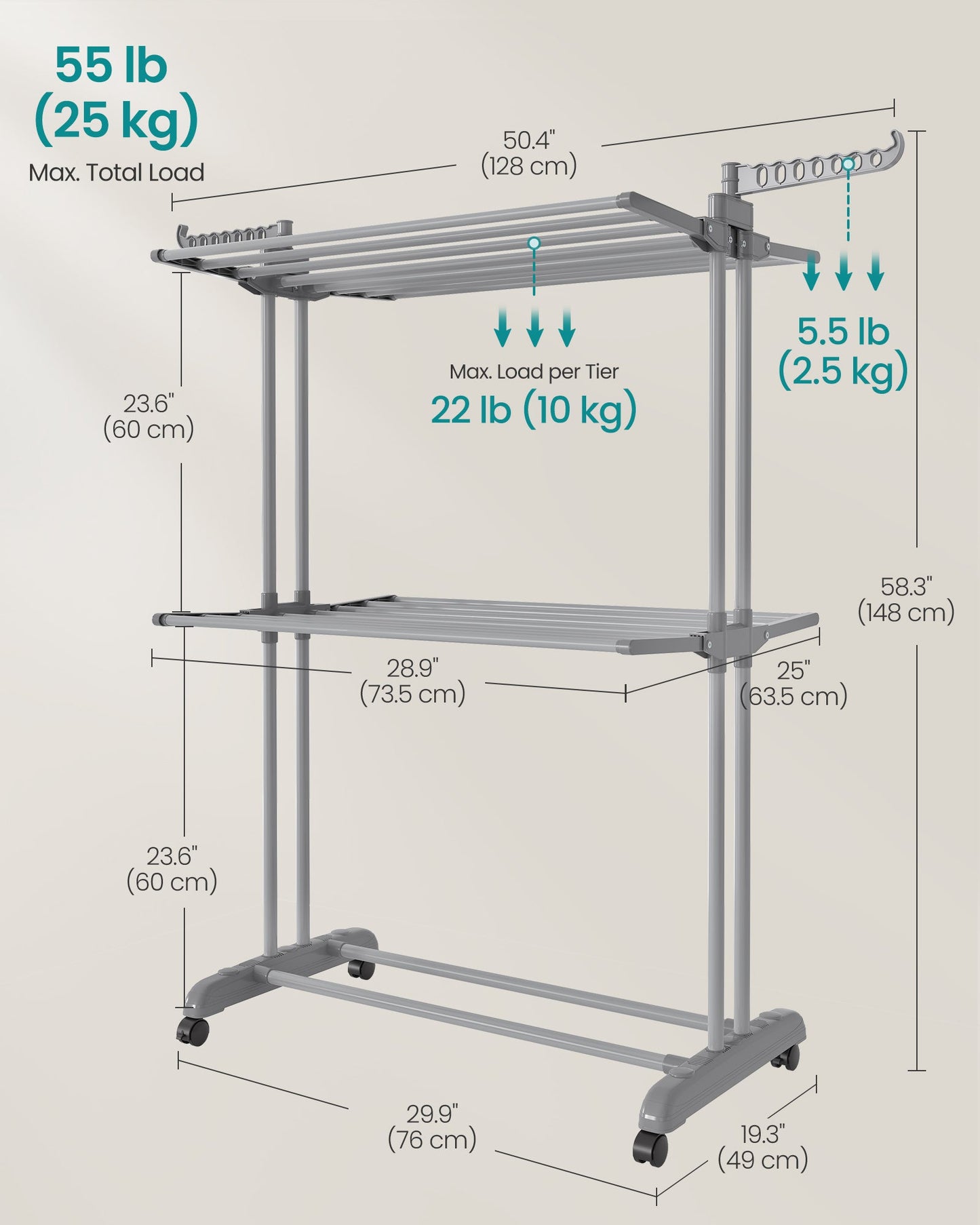 Clothes Drying Rack 3-Tier, Foldable Laundry Drying Rack 148 cm Tall, Stainless Steel, Rolling Laundry Horses