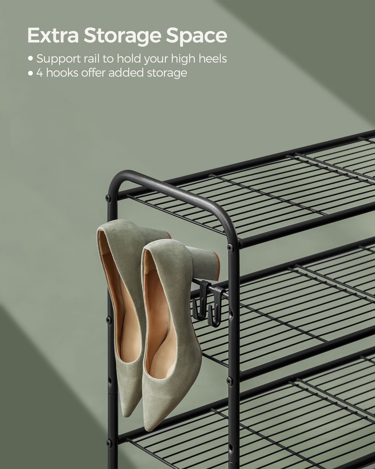 4-Tier Shoe Rack with 4 Side Hooks, Holds 16 Pairs of Shoes