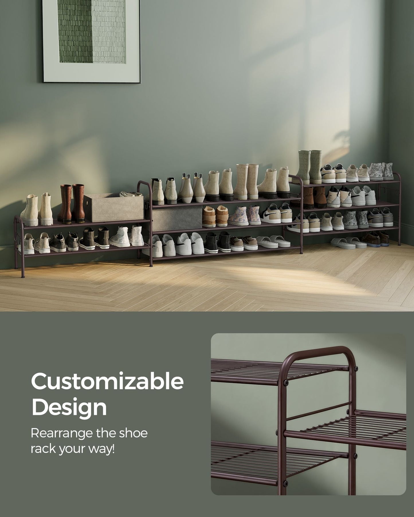 2-Tier Shoe Rack with 4 Side Hooks, Holds 10 Pairs of Shoes