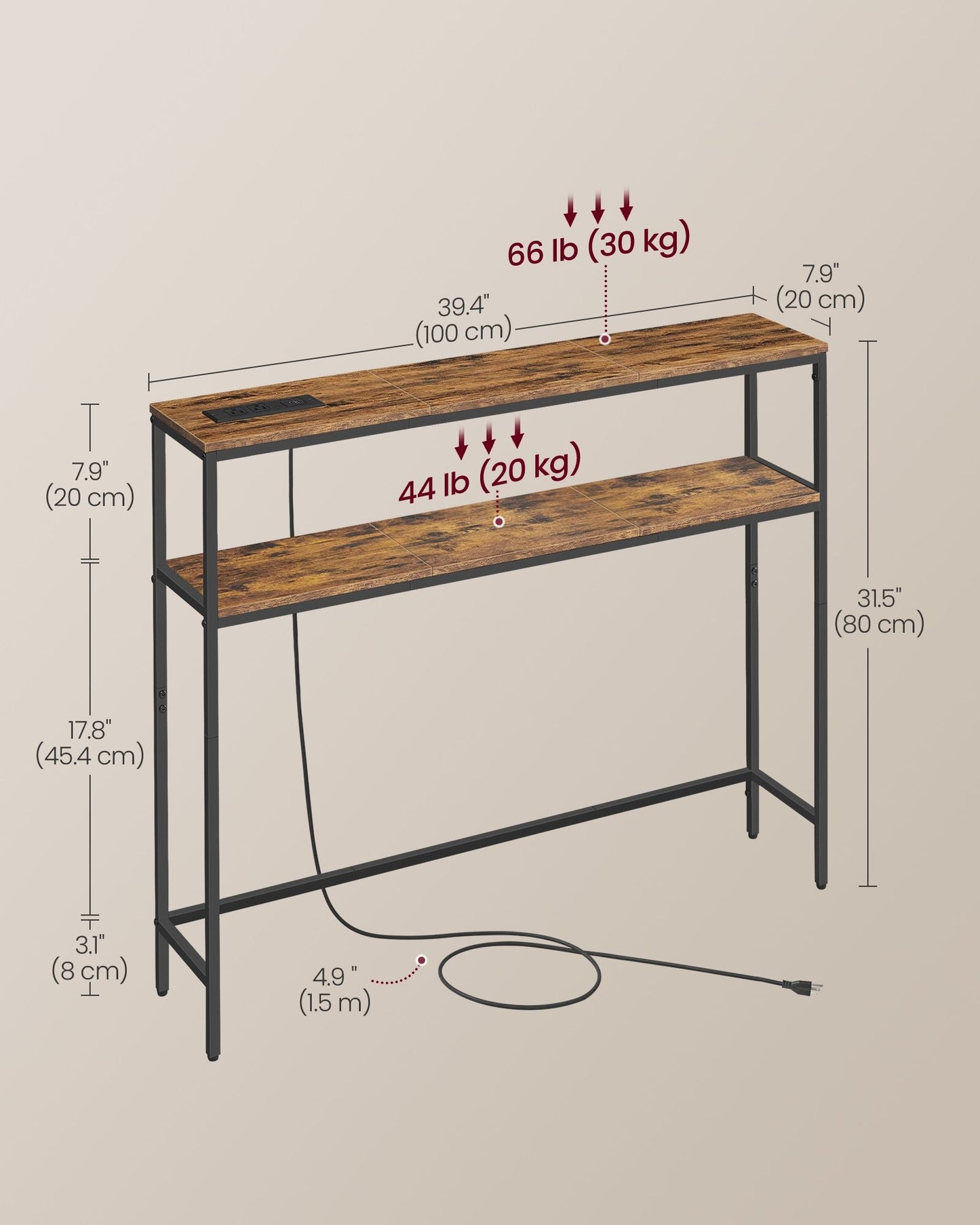 Console Table with Power Outlet, 2-Tier Narrow Sofa Table with 2 Shelves