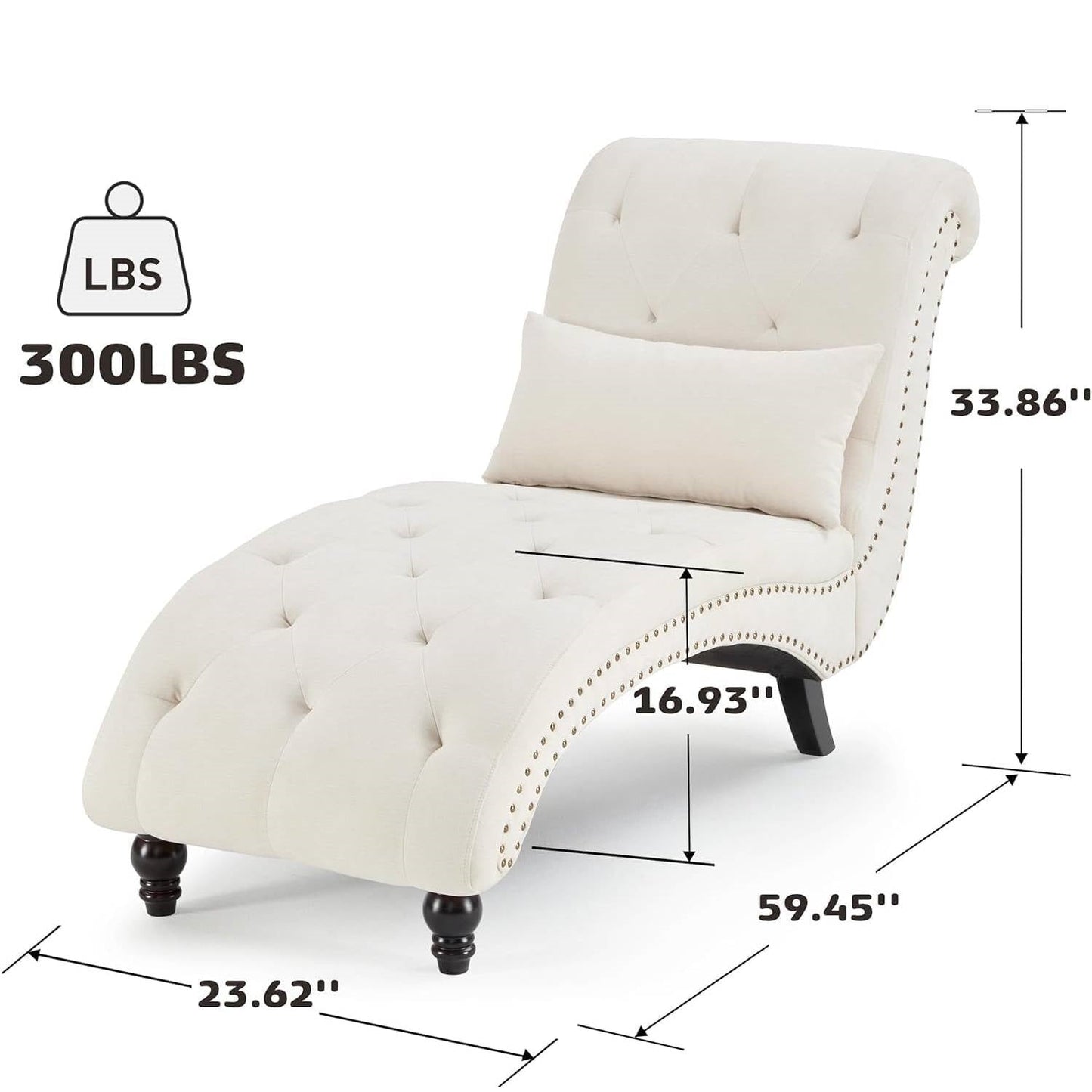 Cream Beige Linen Upholstered Armless Chaise Lounge Chair with Pillow dimensions and features including weight limit.