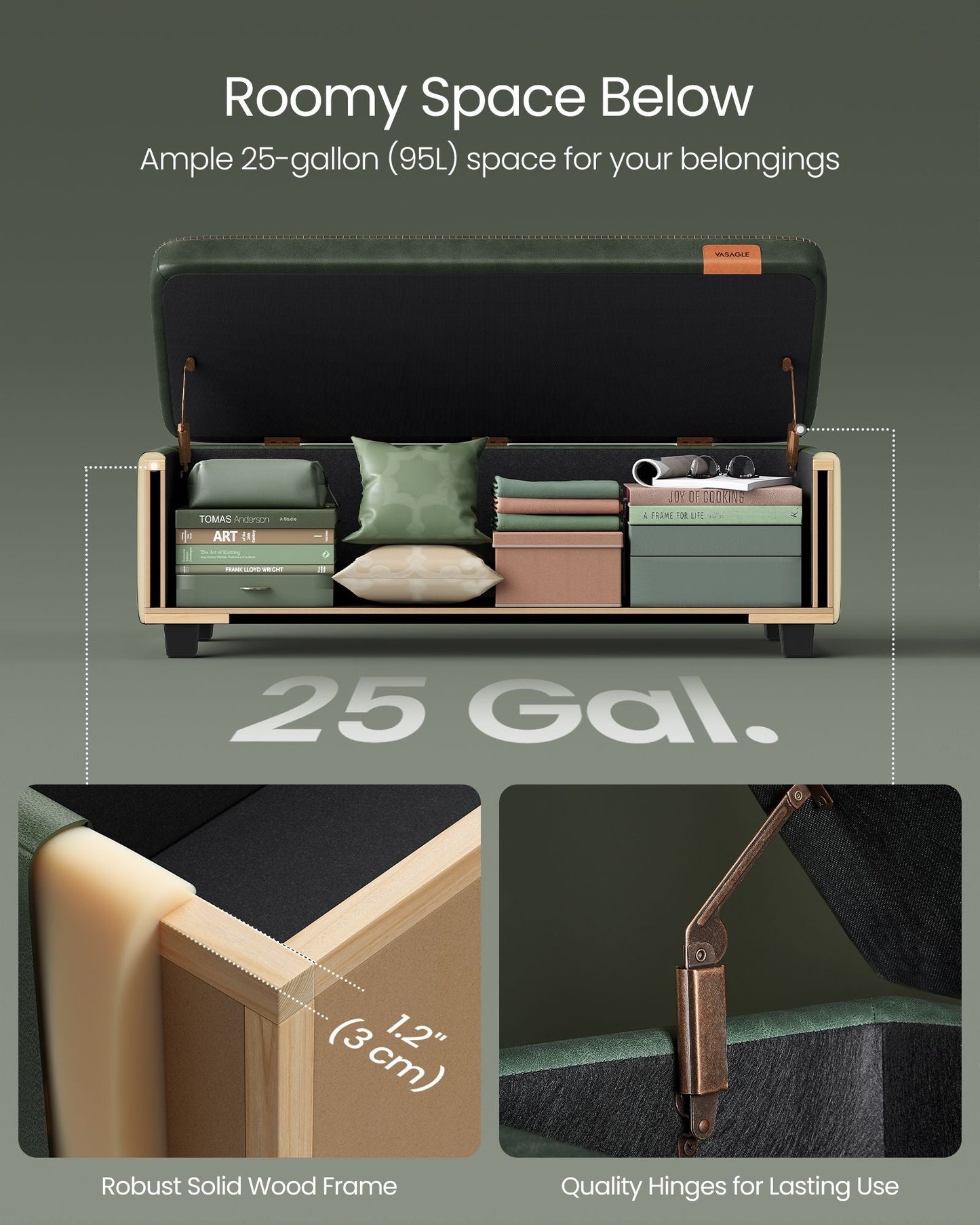 EKHO Collection - Storage Ottoman Bench, Forest Green