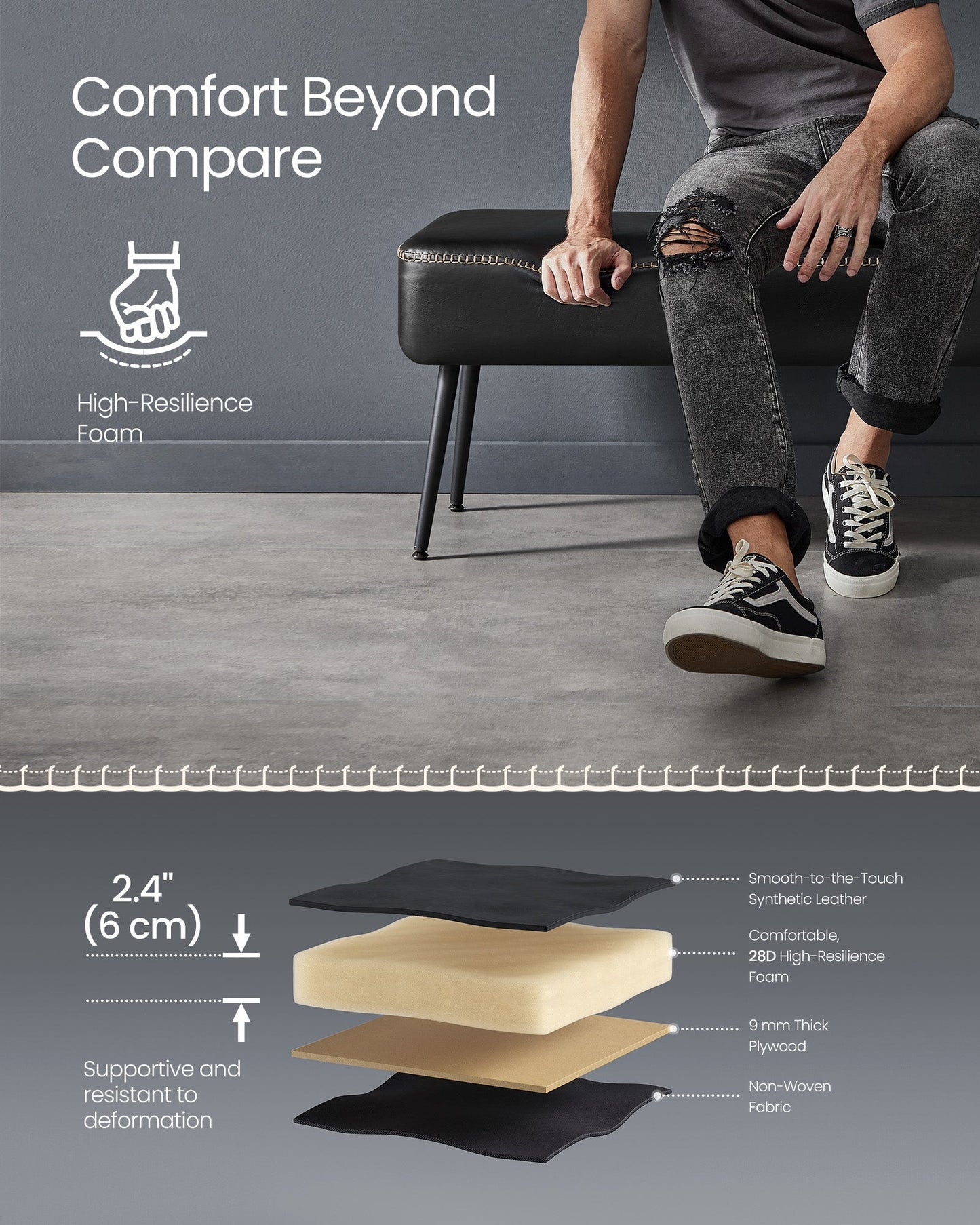 EKHO Collection - Ottoman Bench with Legs Ink Black