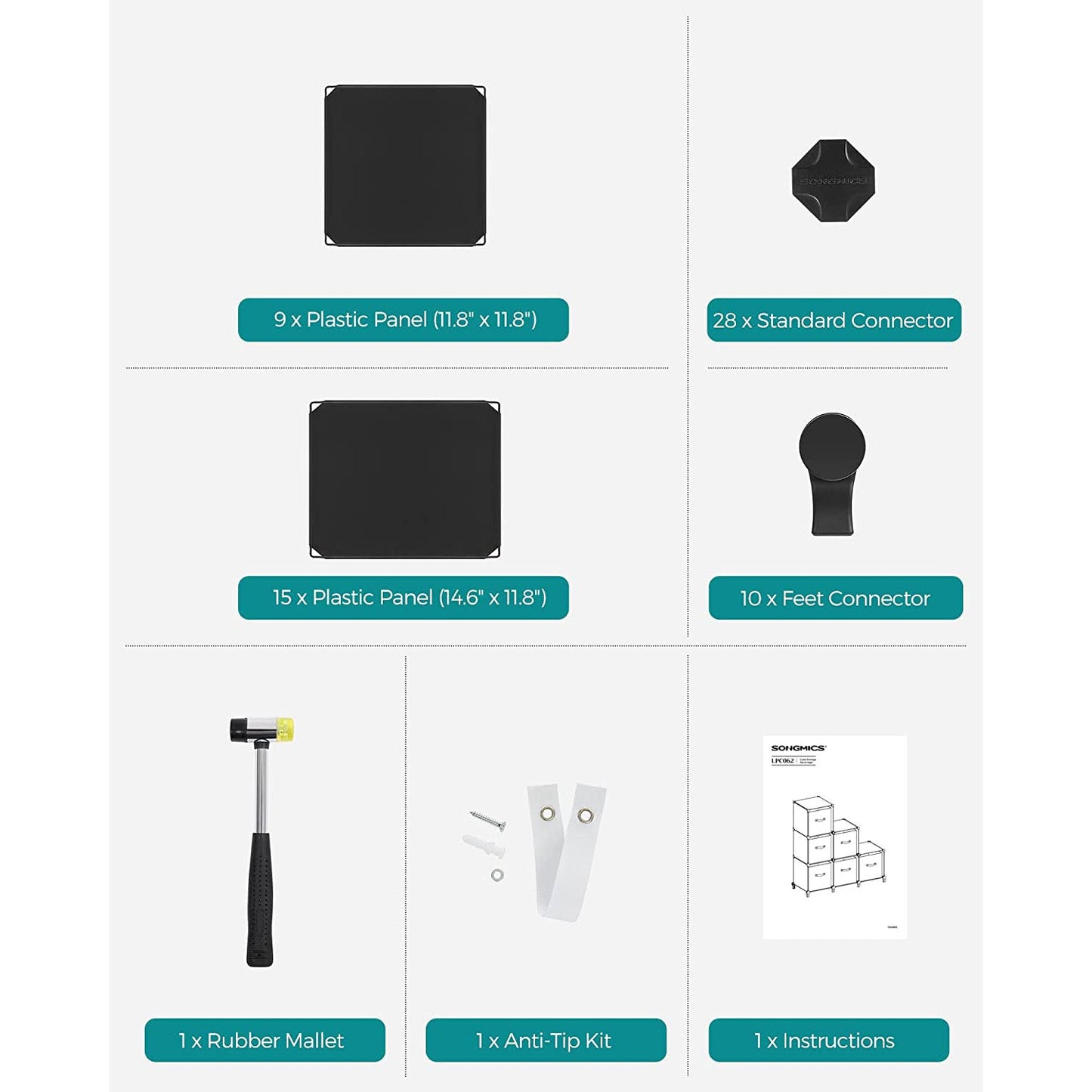 6 Cube Storage Organizer with Feet and Rubber Mallet