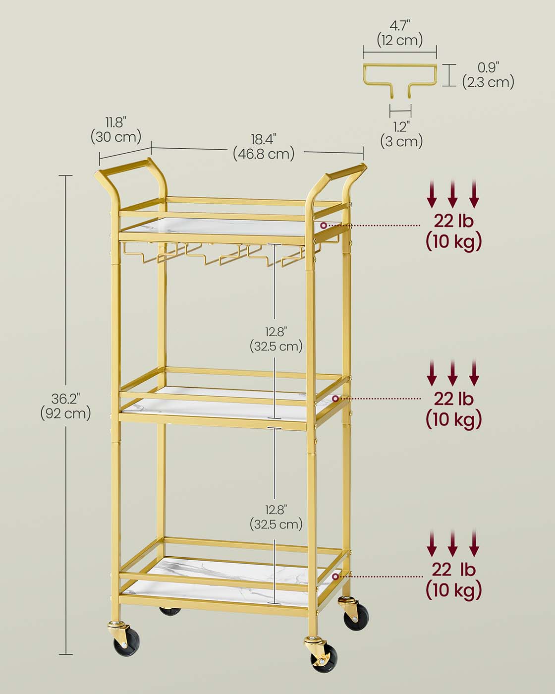 Small Bar Cart with 3-Tier Shelf
