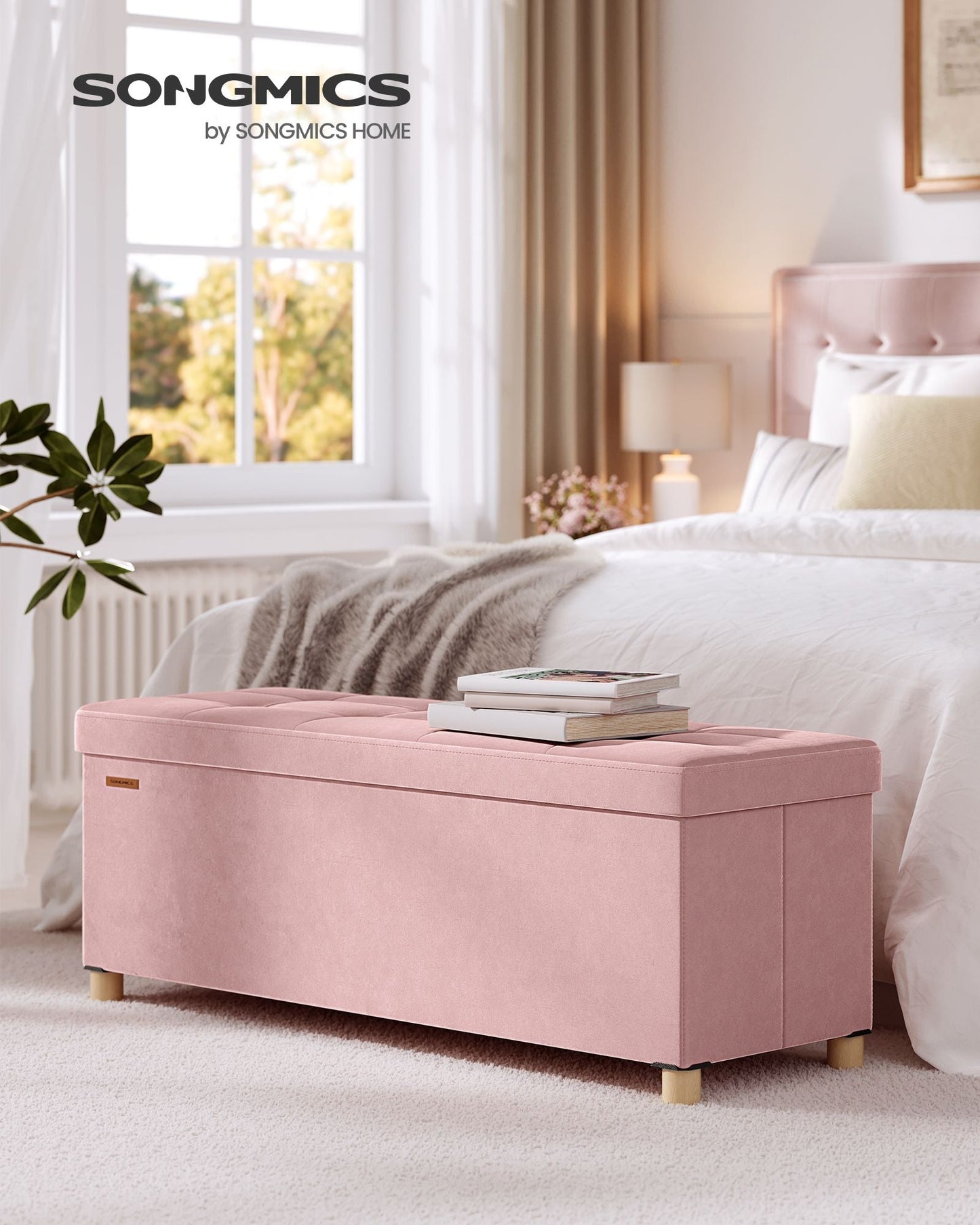 Storage Ottoman Bench, Folding Storage Chest, 15 x 43.3 x 15.7 Inches, Foot Rest Stool, 30 Gal. (112 L), Velvet Surface, for Bedroom, Entryway, Living Room, Jelly Pink