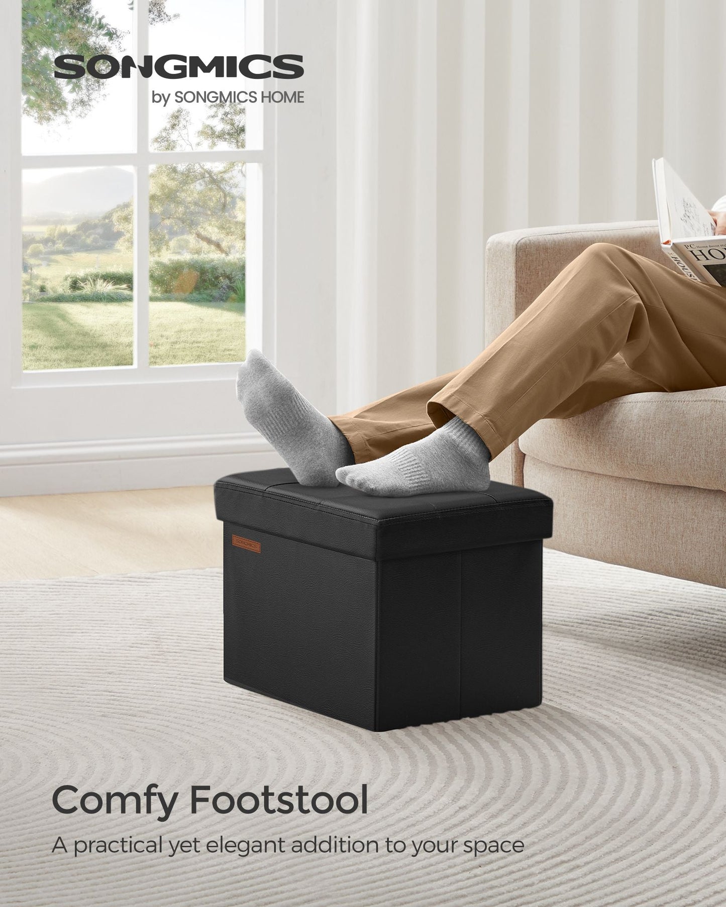 Small Folding Storage Ottoman, Set of 2, Foot Rest Stool, Cube Footrest, Synthetic Leather, 12.2 x 16.1 x 12.2 Inches, 286 lb Capacity, Living Room, Bedroom, Dorm, Ink Black