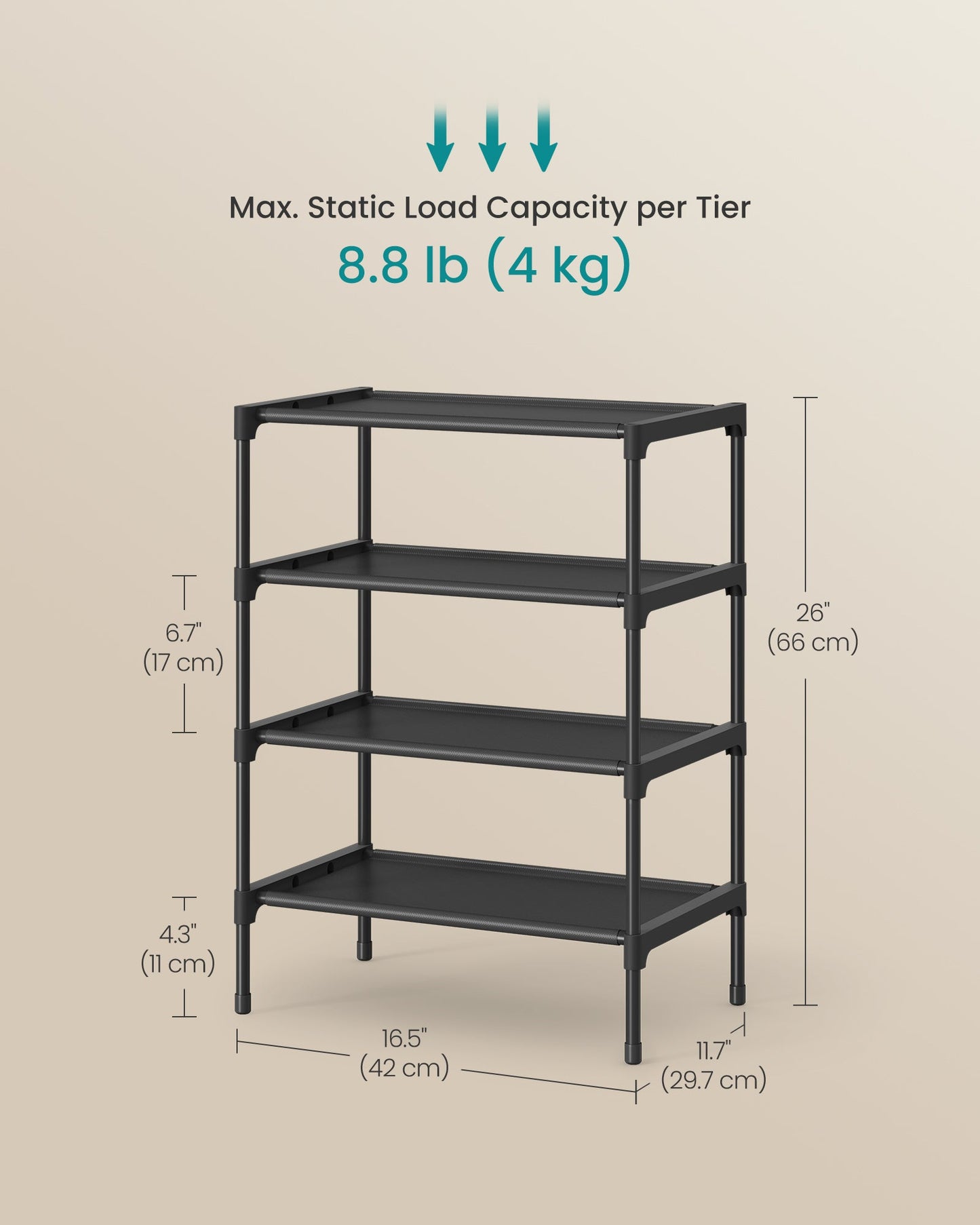 Shoe Rack, 4-Tier Shoe Storage Organizer, Space-Saving, 11.7 x 16.5 x 26 Inches