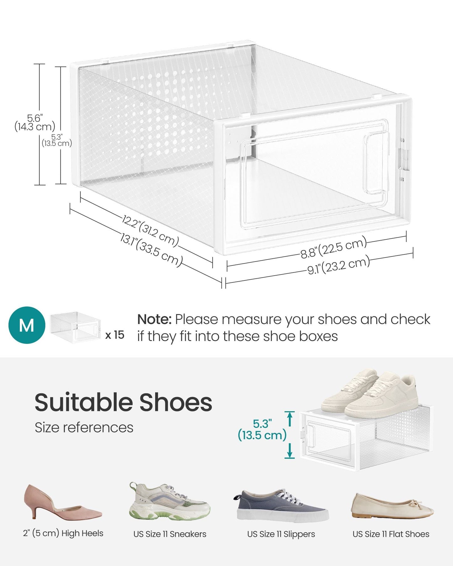 Shoe Boxes, Pack of 15 Shoe Storage Organizers, Stackable Clear Plastic Boxes for Closet, Sneakers