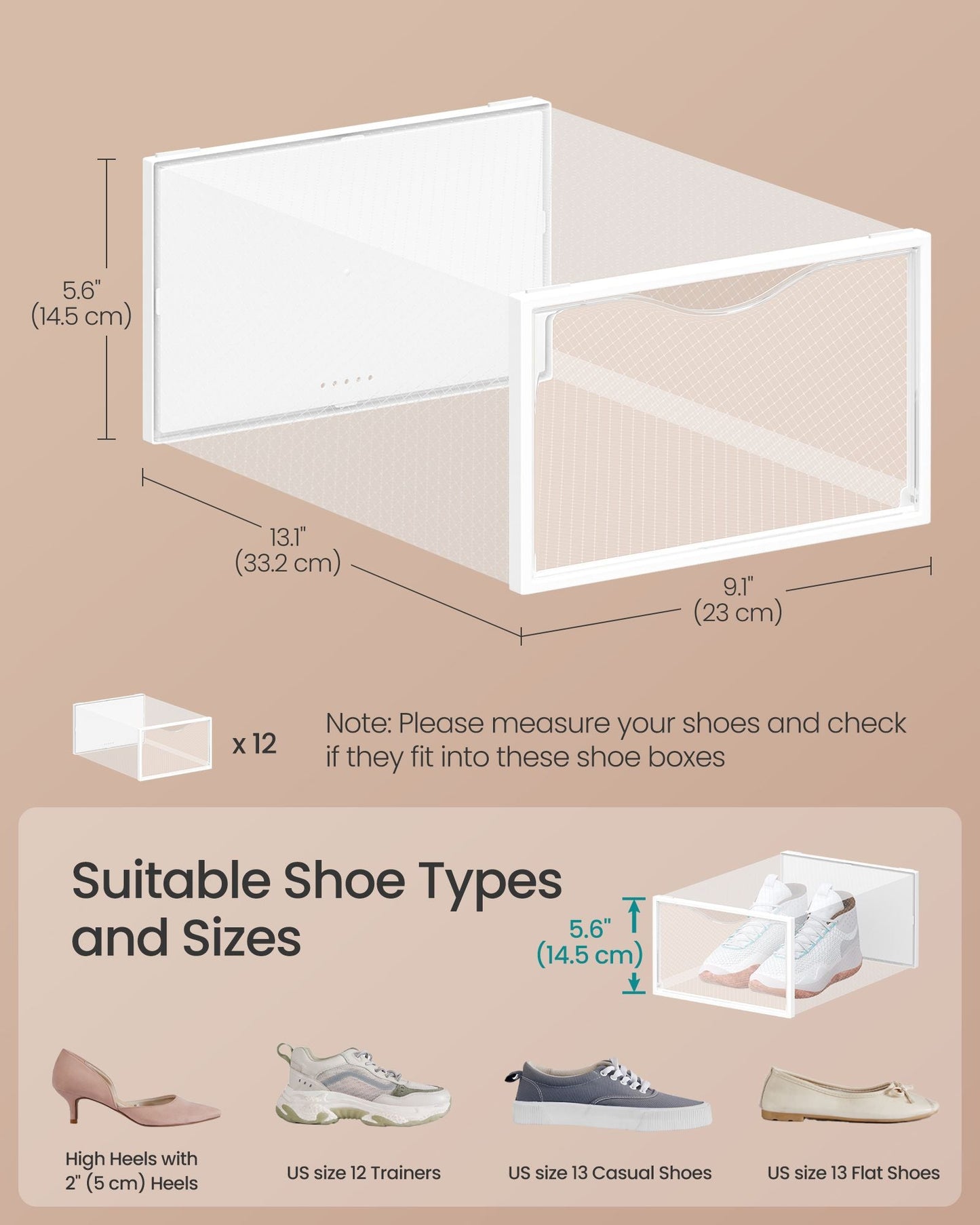 Stackable Shoe Boxes, Set of 12 Plastic Shoe Organizers with Door