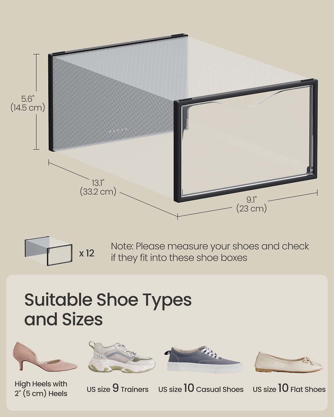 Stackable Shoe Boxes, Set of 12 Plastic Shoe Organizers with Door