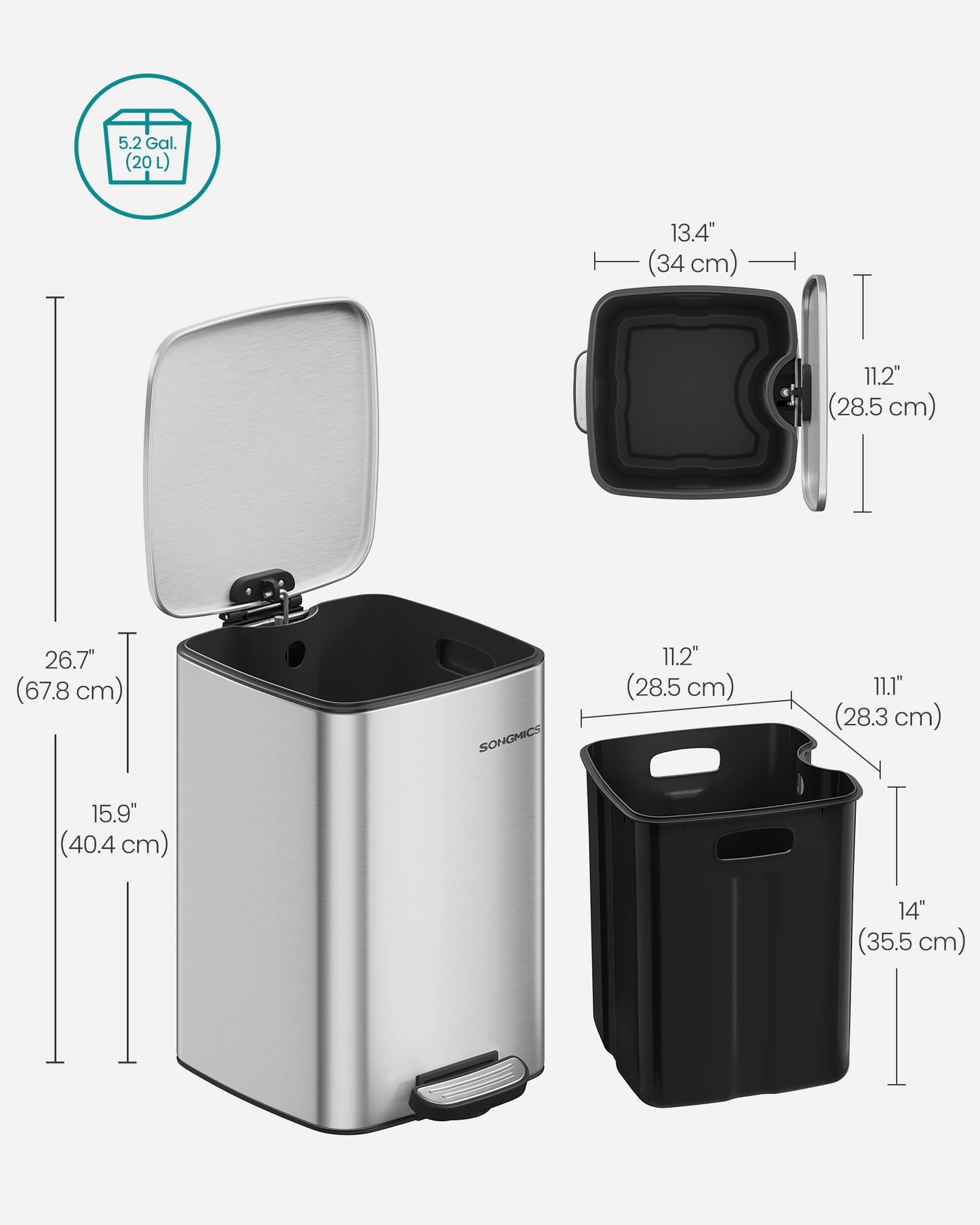 Stainless Trash Can 5.2-Gallon (20 L) with Inner Bucket