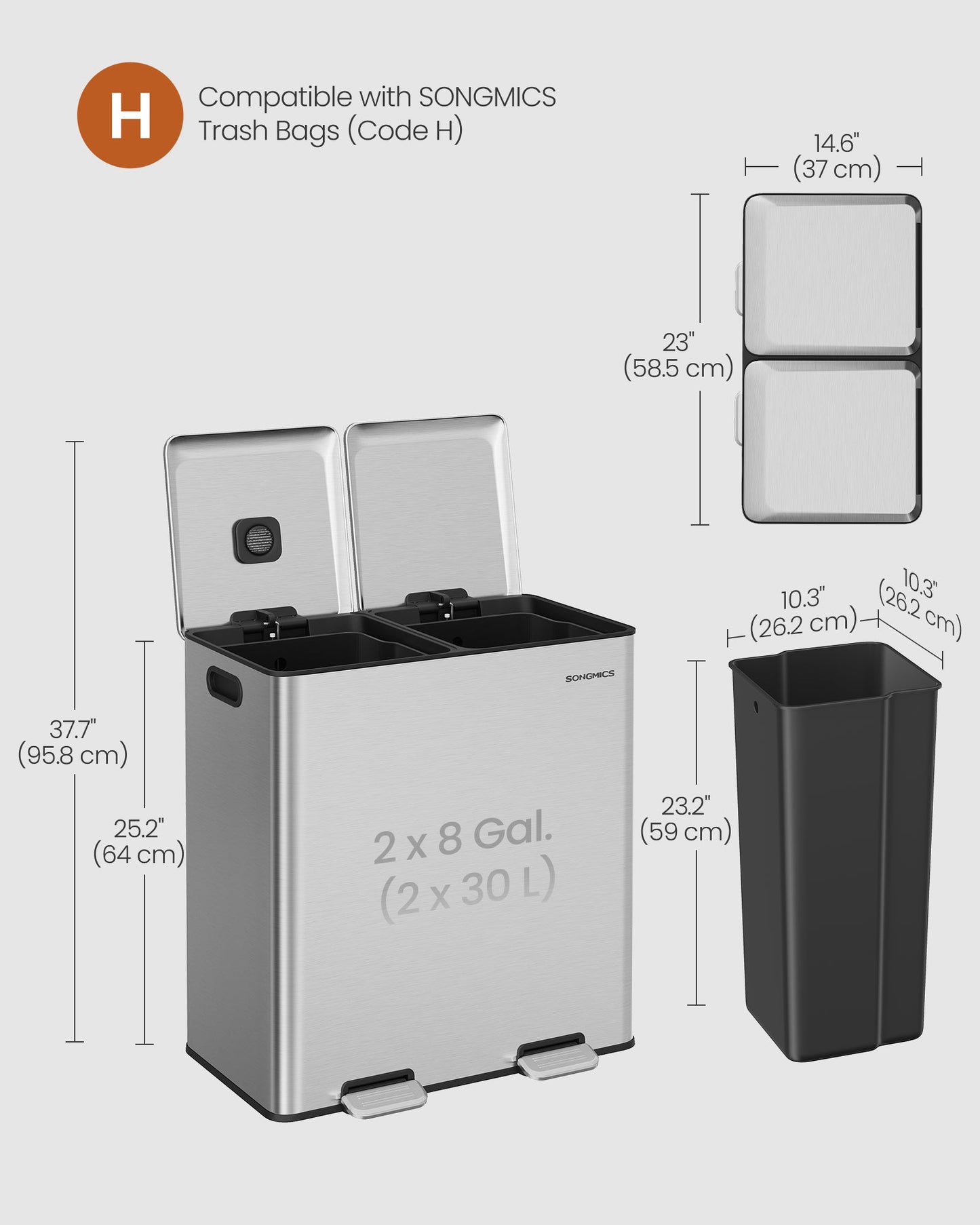 Trash Can, 2 x 8 Gallon (2 x 30 L) Double Garbage Can with Soft-Close Lids