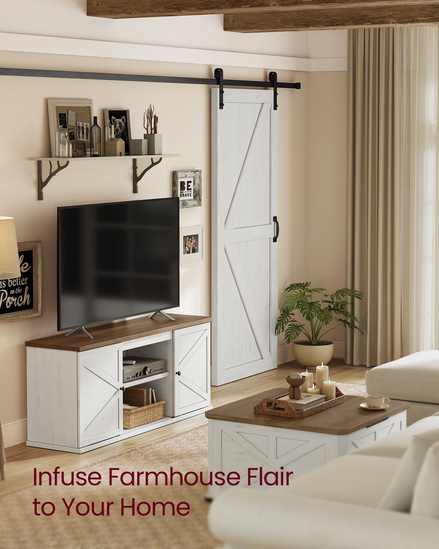 Farmhouse TV Stand for TVs up to 65 Inches, Entertainment Center with Storage Cabinets and Sliding Barn Doors
