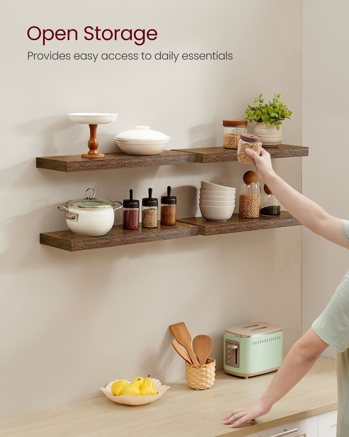 Wall Shelves Set of 4, Floating Shelves, 8 x 23.6 x 1.5 Inches, Display Shelves for Picture Frames, Decor, Hanging Shelf for Living Room, Kitchen, Rustic Brown